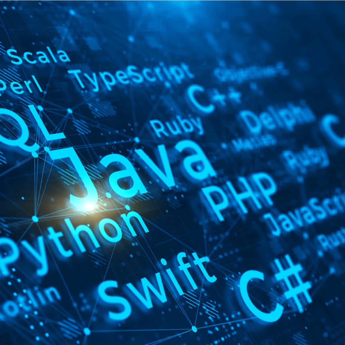 程式碼 桌布 壁紙 — 發光的藍色數位文字，顯示Java和Python等程式語言在未來網路中相互連接。
