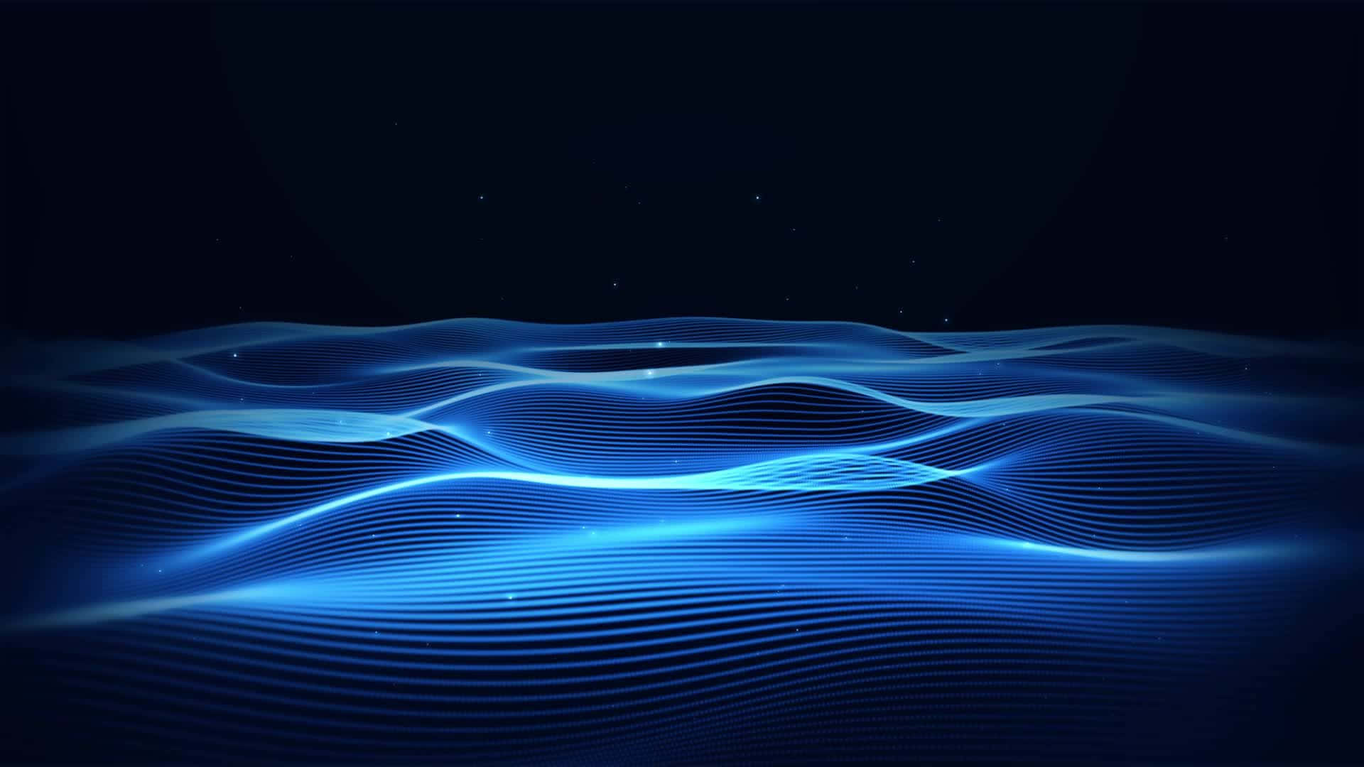 Interactive 桌布 壁紙 — 發光的藍色數位波紋在點綴著遙遠星球的黑暗宇宙虛空中蕩漾。