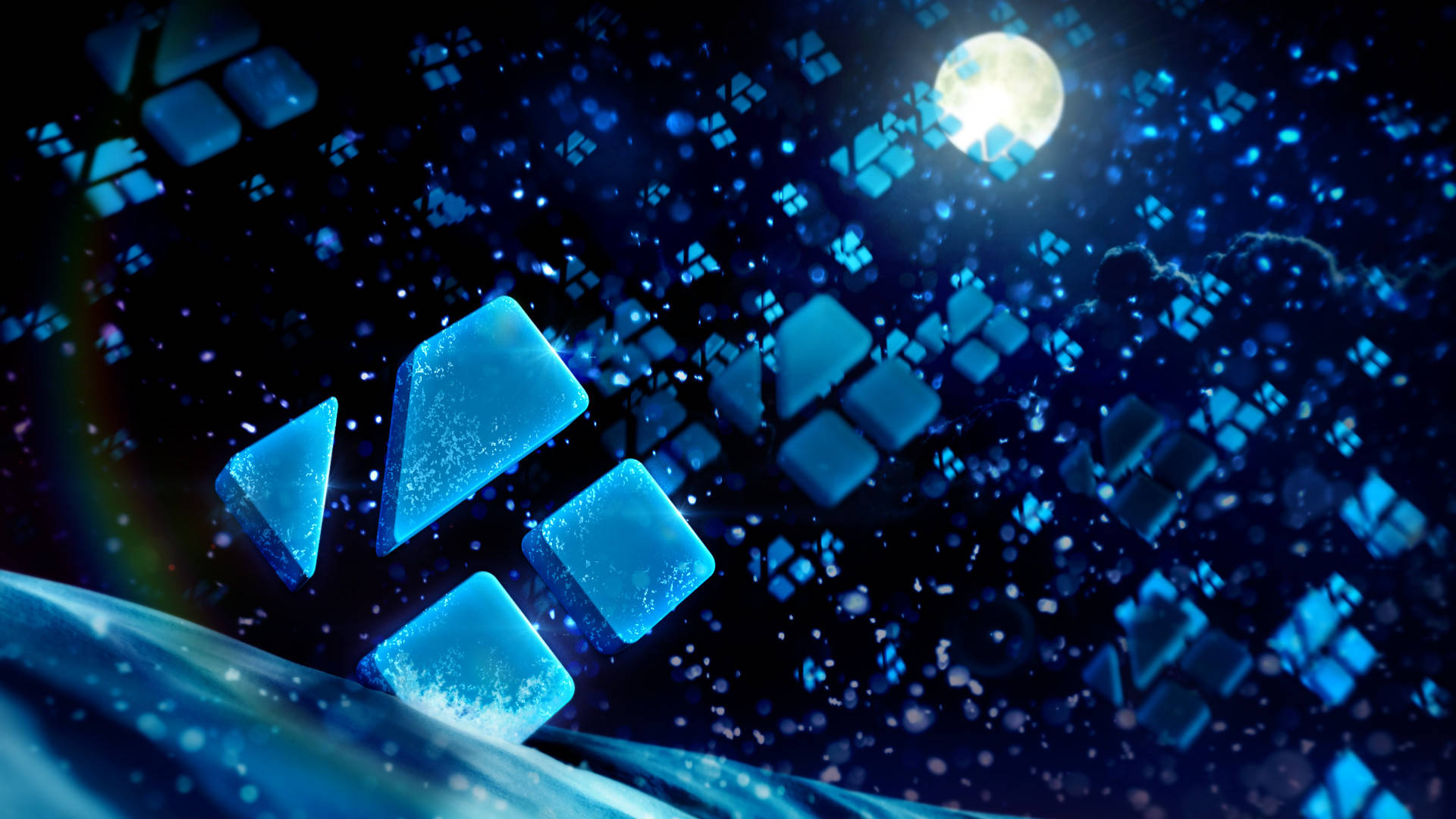 Kodi 桌布 壁紙 — 發光的藍色數位立方體漂浮在宇宙夜空，有明亮的月亮和閃爍的粒子。