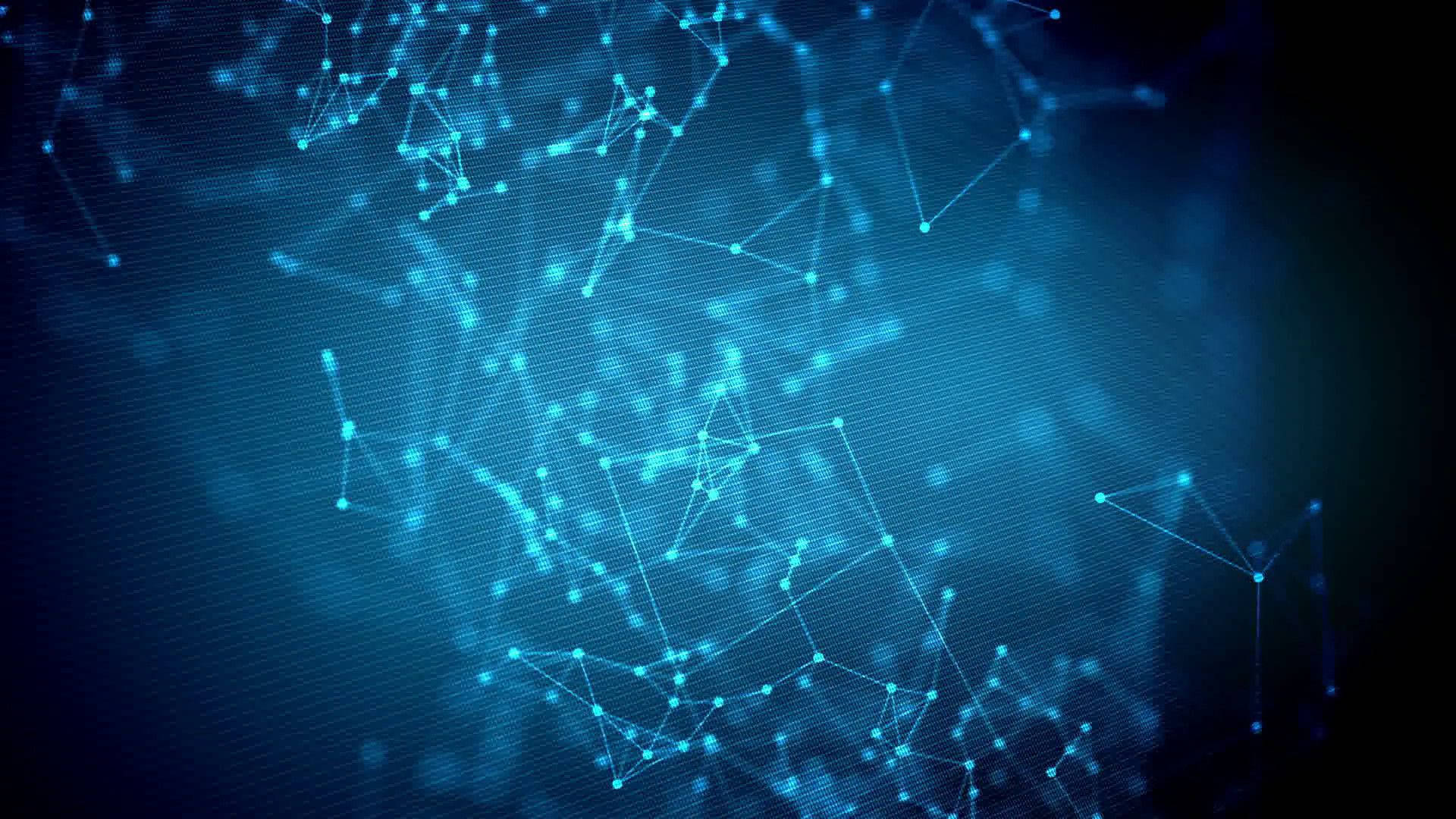 Information 桌布 壁紙 — 發光的藍色數位網路節點和連接在深色紋理背景上漂浮。