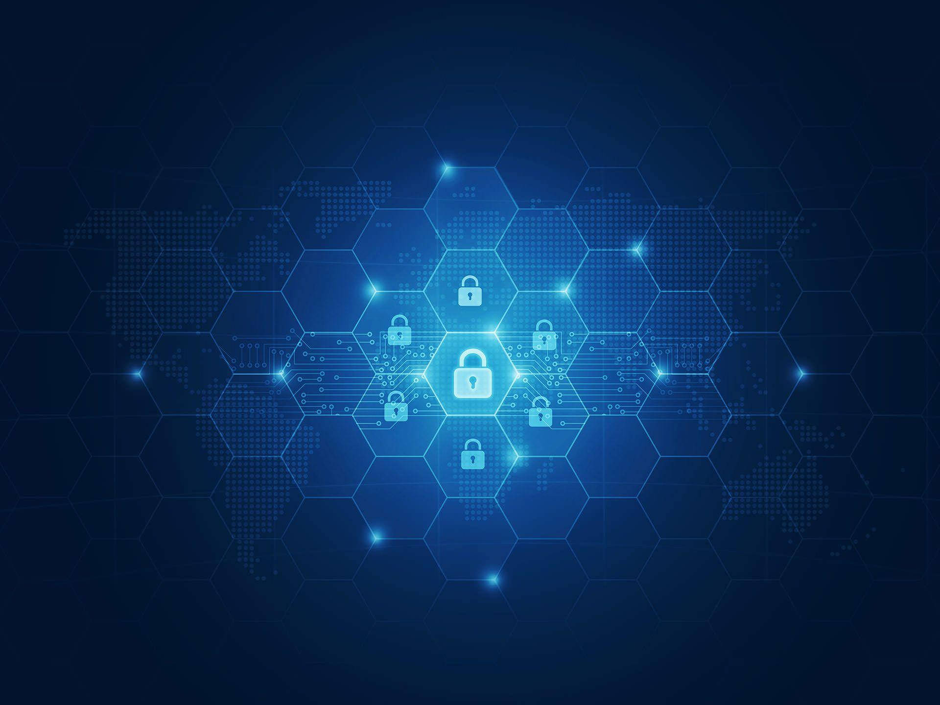 Internet 桌布 壁紙 — 發光的藍色數位鎖在六角形網格上連接，疊加在微弱的世界地圖上，呈現未來科技場景。