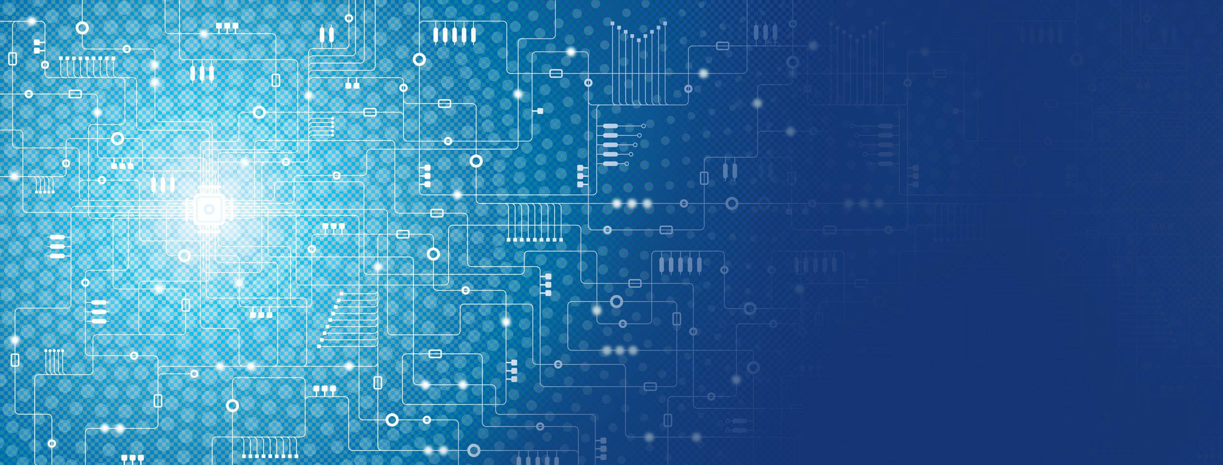 Code 桌布 壁紙 — 發光的藍色數位電路板圖案從明亮的中心向漸變背景輻射。