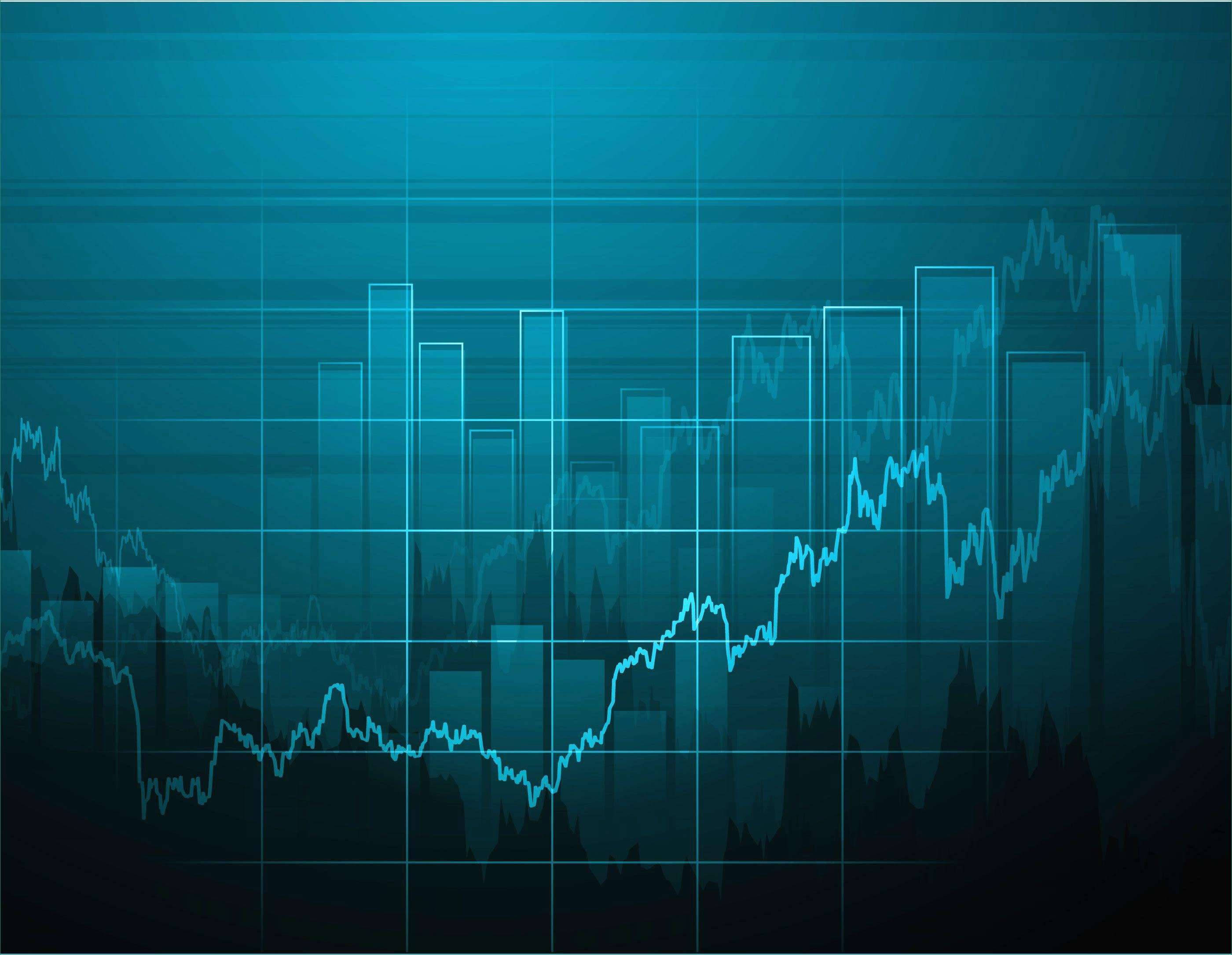 Market 桌布 壁紙 — 發光的藍色數字圖表疊加在城市天際線剪影上，背景為漸層青綠色。