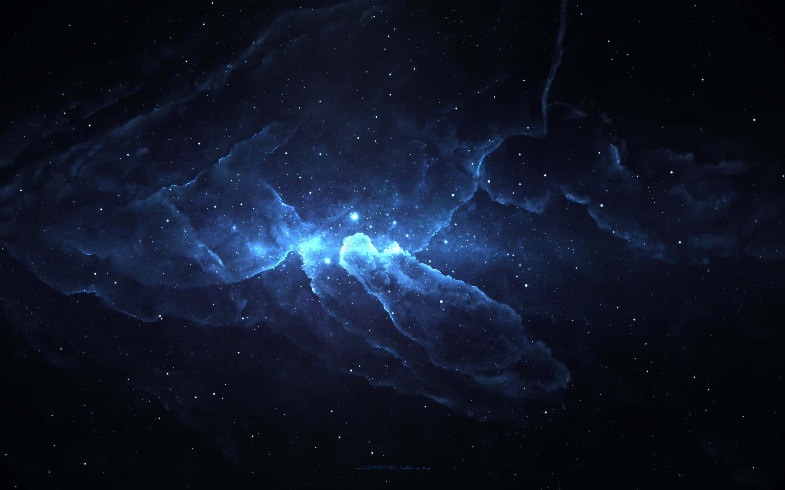 Digital 桌布 壁紙 — 發光的藍色星雲在深邃太空中旋轉，點綴著閃爍的星星，背景是黑色虛空。