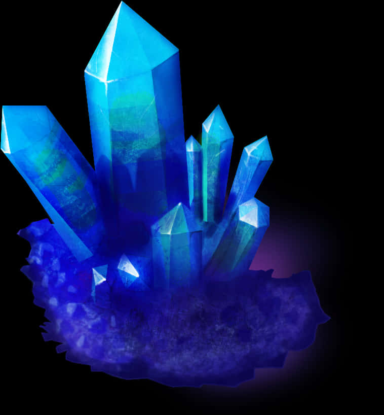 Gemstones 桌布 壁紙 — 發光的藍色晶體從深紫色基底升起，在黑色虛空中，晶體內部帶有微妙的綠色和紫色色調。