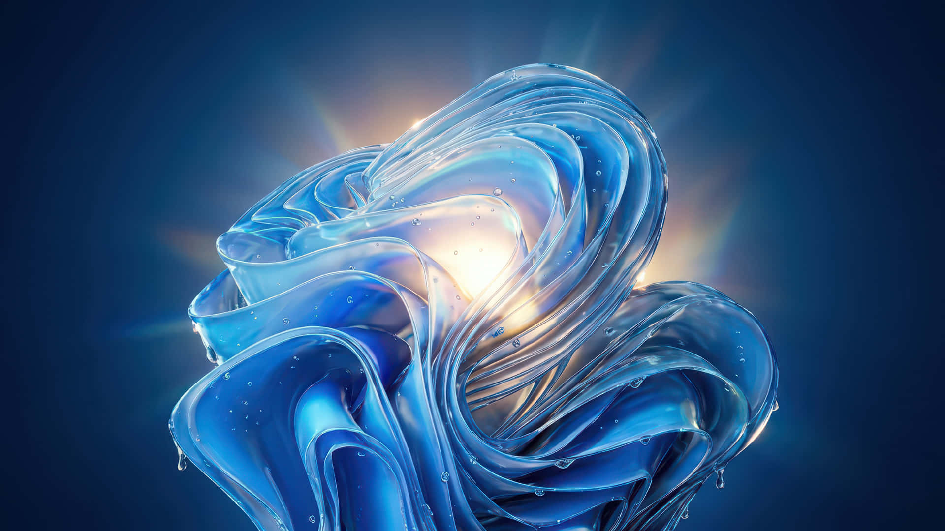 Splash water Bloom modded wallpaper for desktop Enhancement, 壁紙 — 發光的藍色液體在深藍色背景下動態旋轉，其核心迸發出耀眼的光芒。