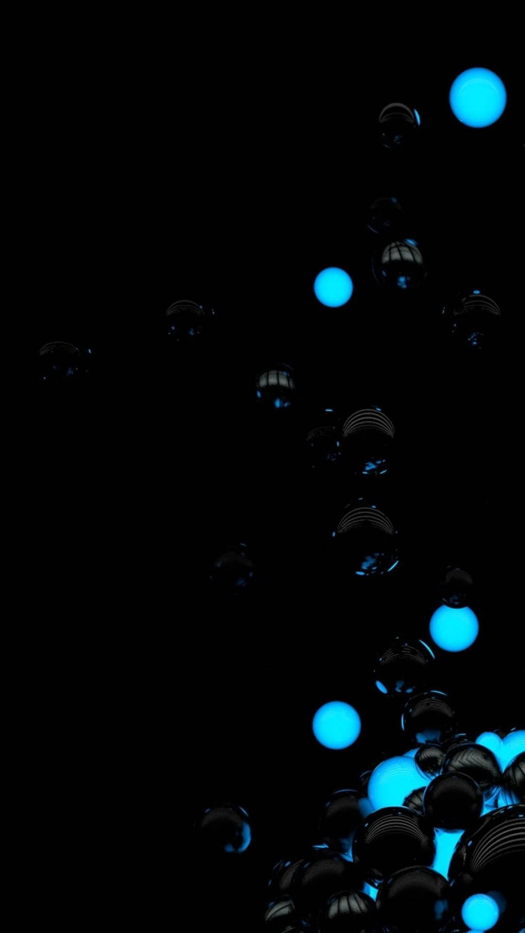 mobile 3d 桌布 壁紙 — 發光的藍色球體在深邃的黑色虛空中漂浮並聚集，營造出未來感的宇宙場景。