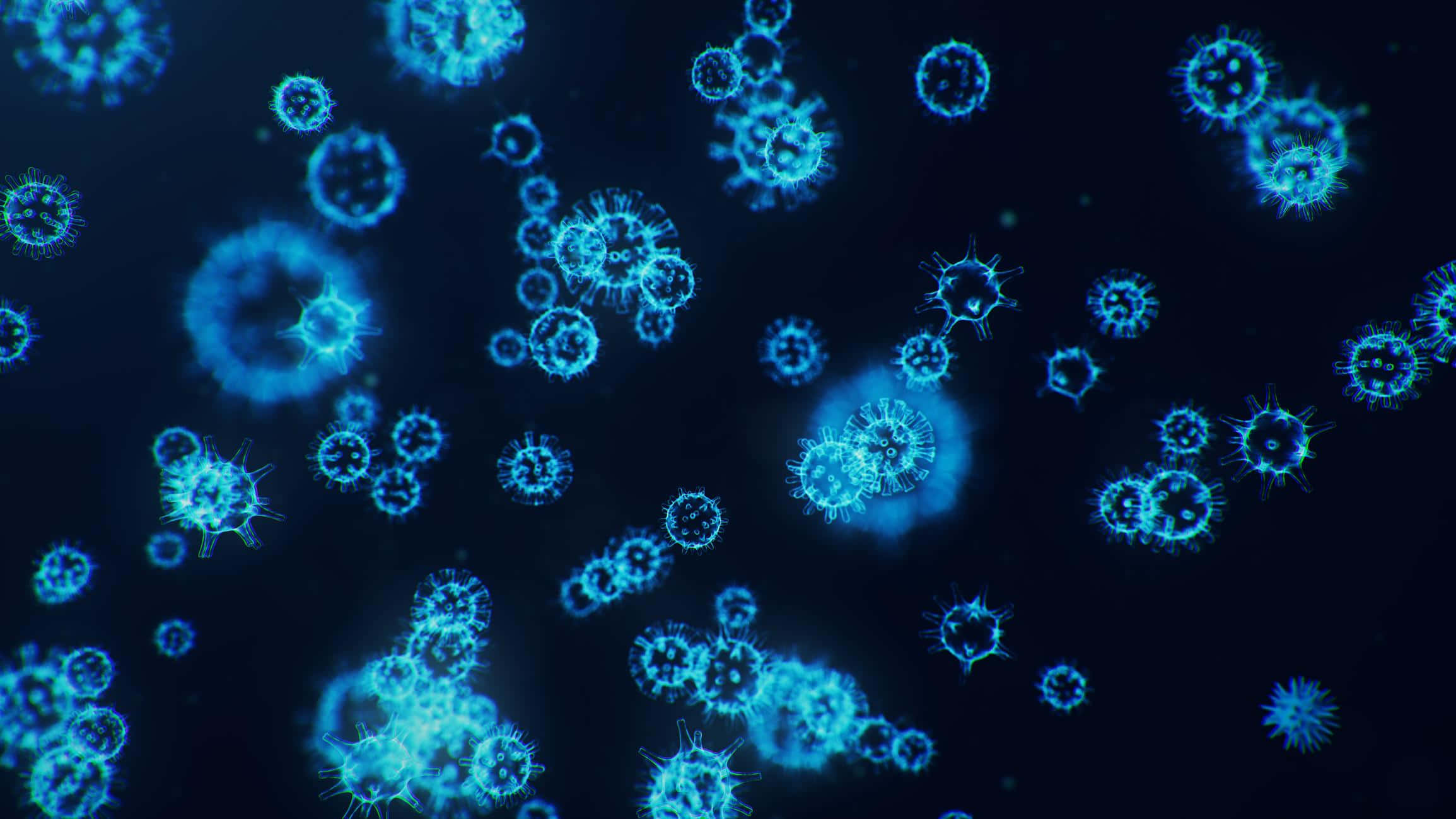 Coronavirus 桌布 壁紙 — 發光的藍色病毒粒子在黑暗背景中漂浮，呈現科學顯微鏡視角。