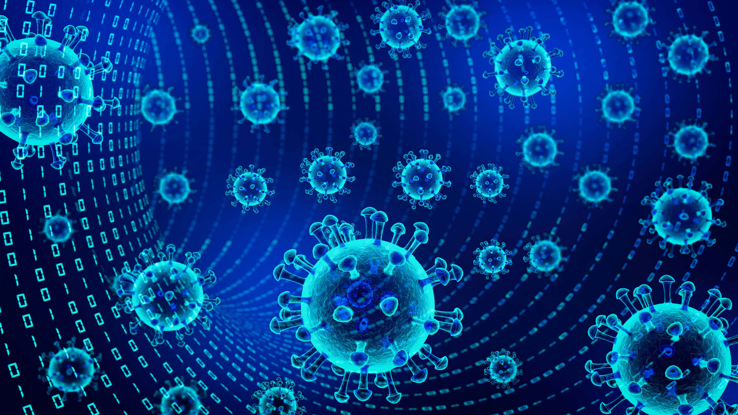 Coronavirus 桌布 壁紙 — 發光的藍色病毒粒子漂浮在深藍色背景上的數字二進制代碼中。