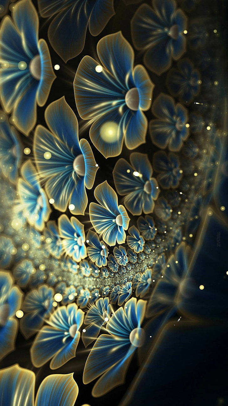 唯美花卉 桌布 壁紙 — 發光的藍色碎形花朵，金色中心，在旋轉的宇宙光隧道中綻放。