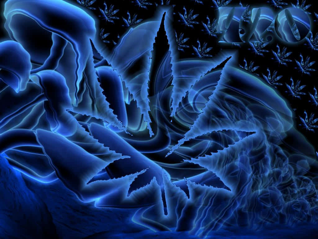 Trippy Blue 桌布 壁紙 — 發光的藍色碎形葉片在黑暗的數位漩渦中旋轉，帶有霓虹輪廓和空靈的運動。
