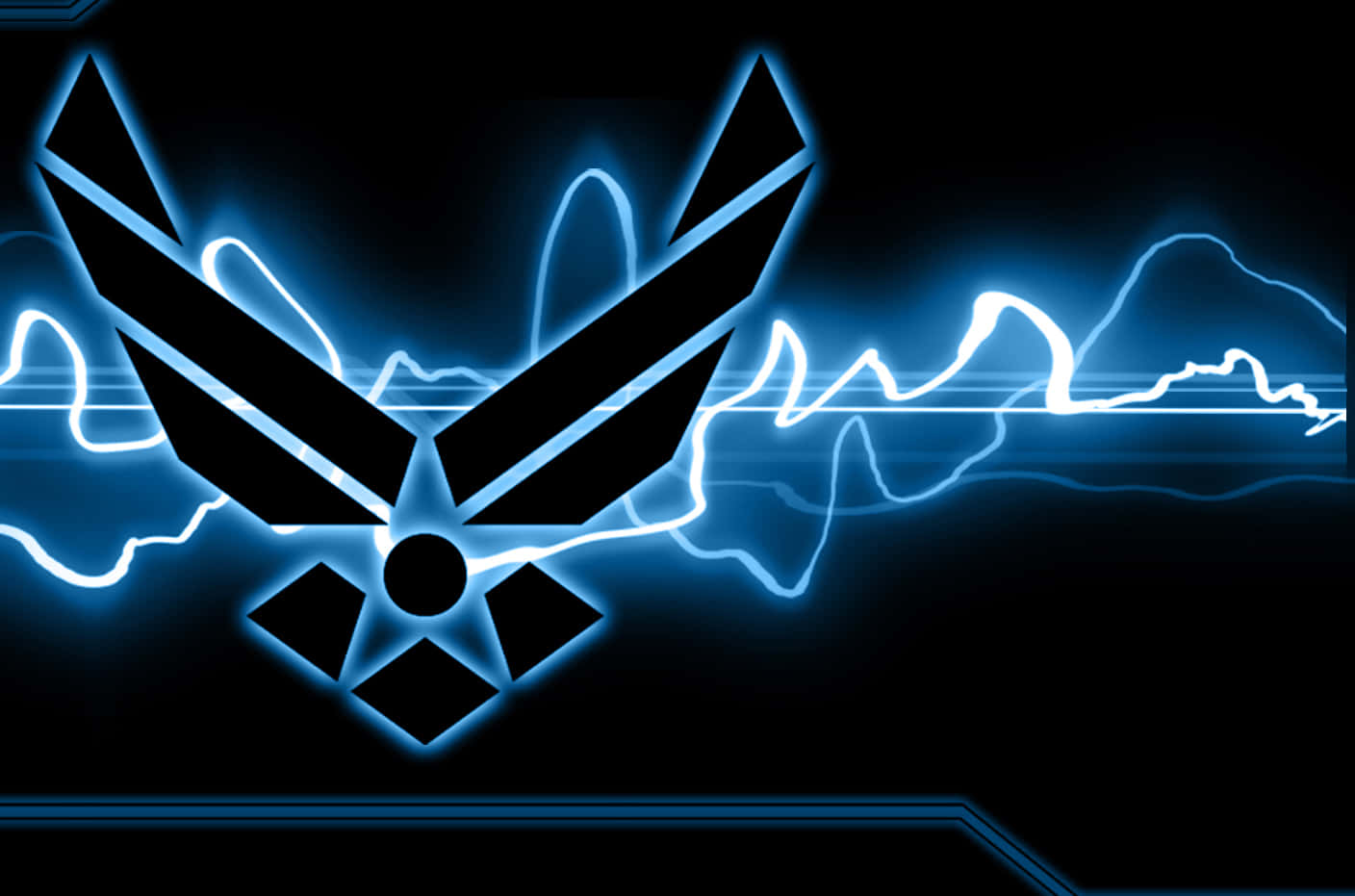 Air Force 桌布 壁紙 — 發光的藍色空軍標誌在帶有電光效果的深色背景上脈動。