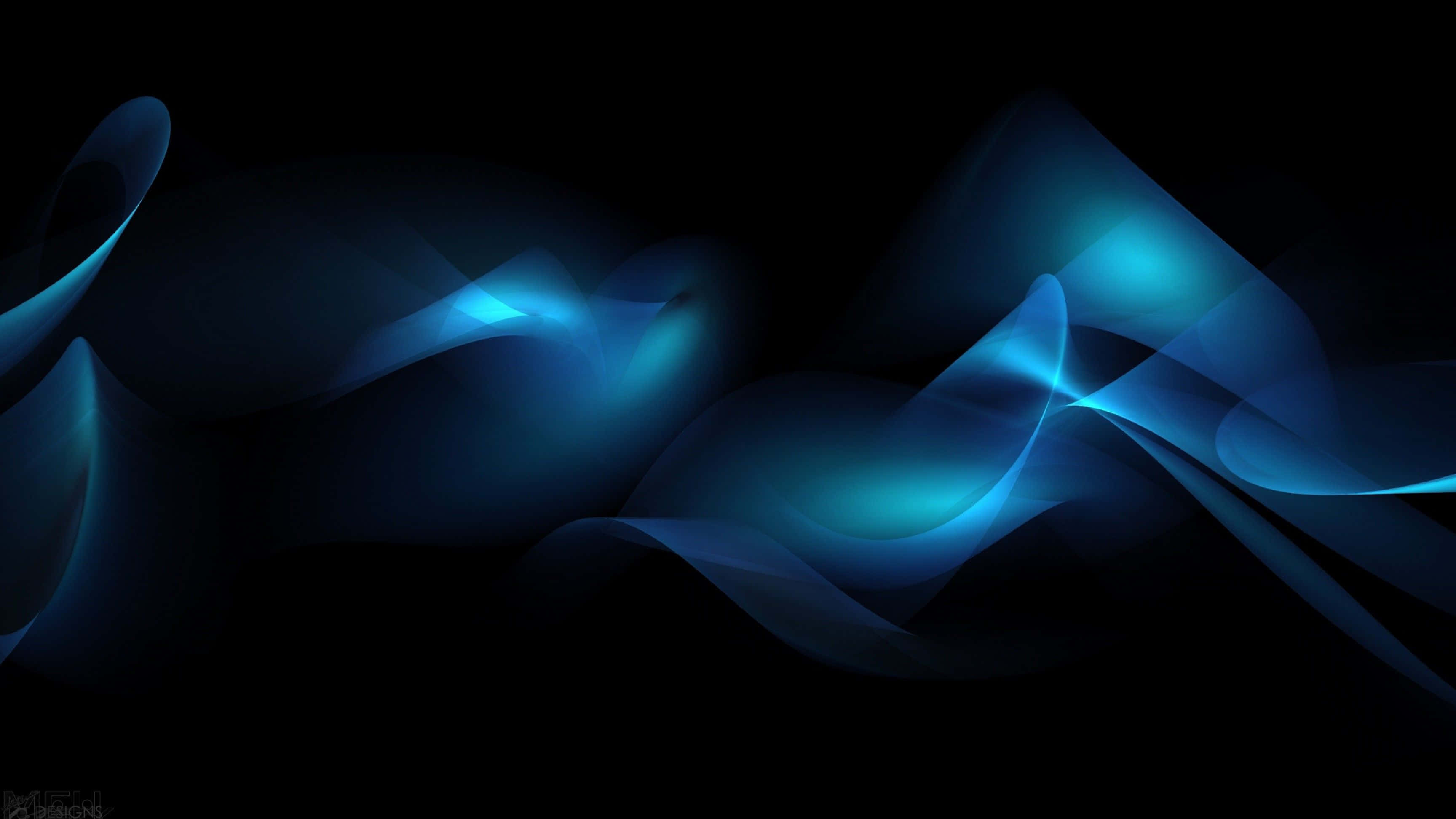 Dark Abstract Art 桌布 壁紙 — 發光的藍色空靈波浪在深黑色背景上優雅流動，營造出寧靜的數位抽象場景。