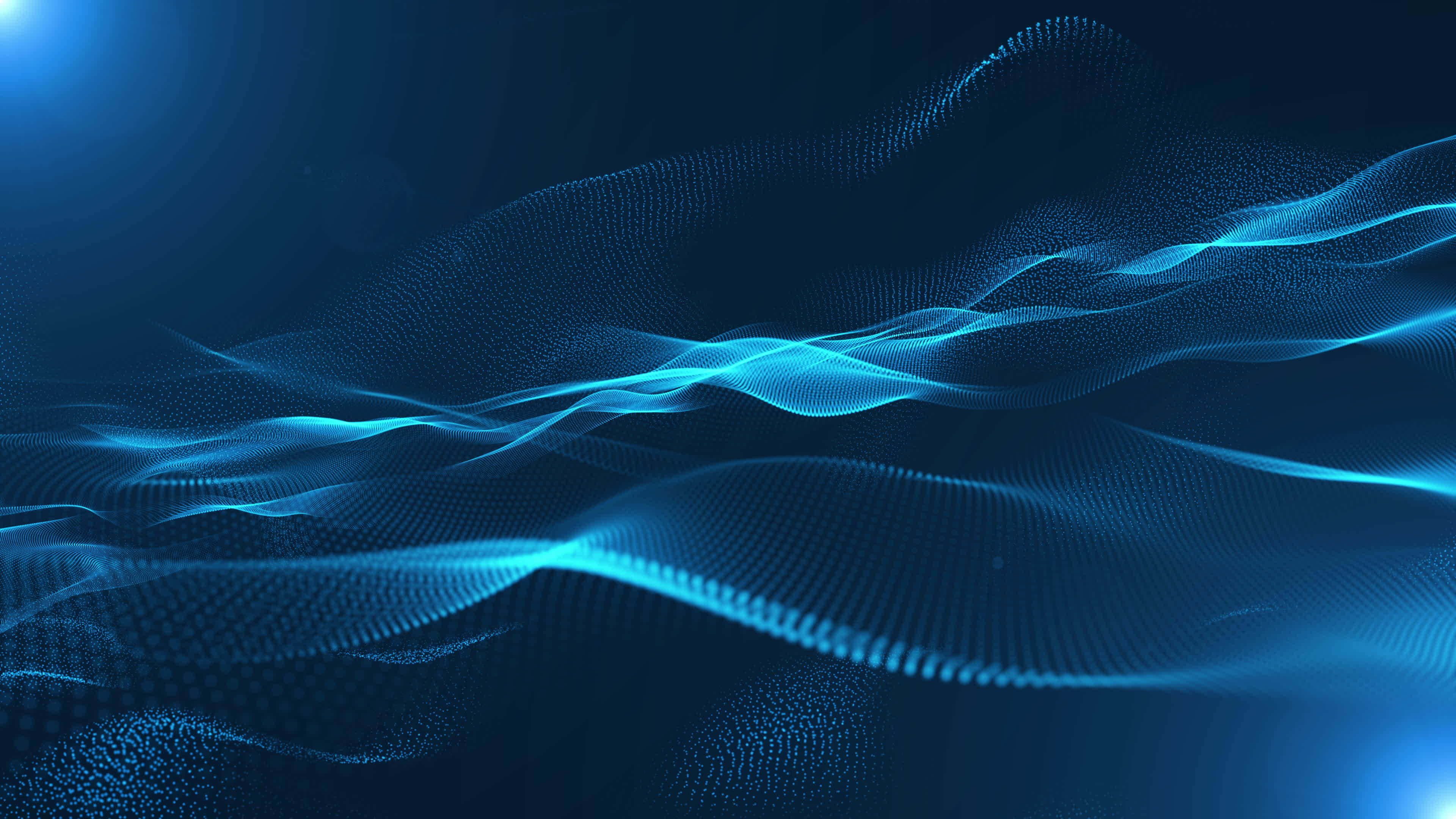 3d Technology 桌布 壁紙 — 發光的藍色粒子波在黑暗背景上優雅地流動，呈現未來數位抽象場景。
