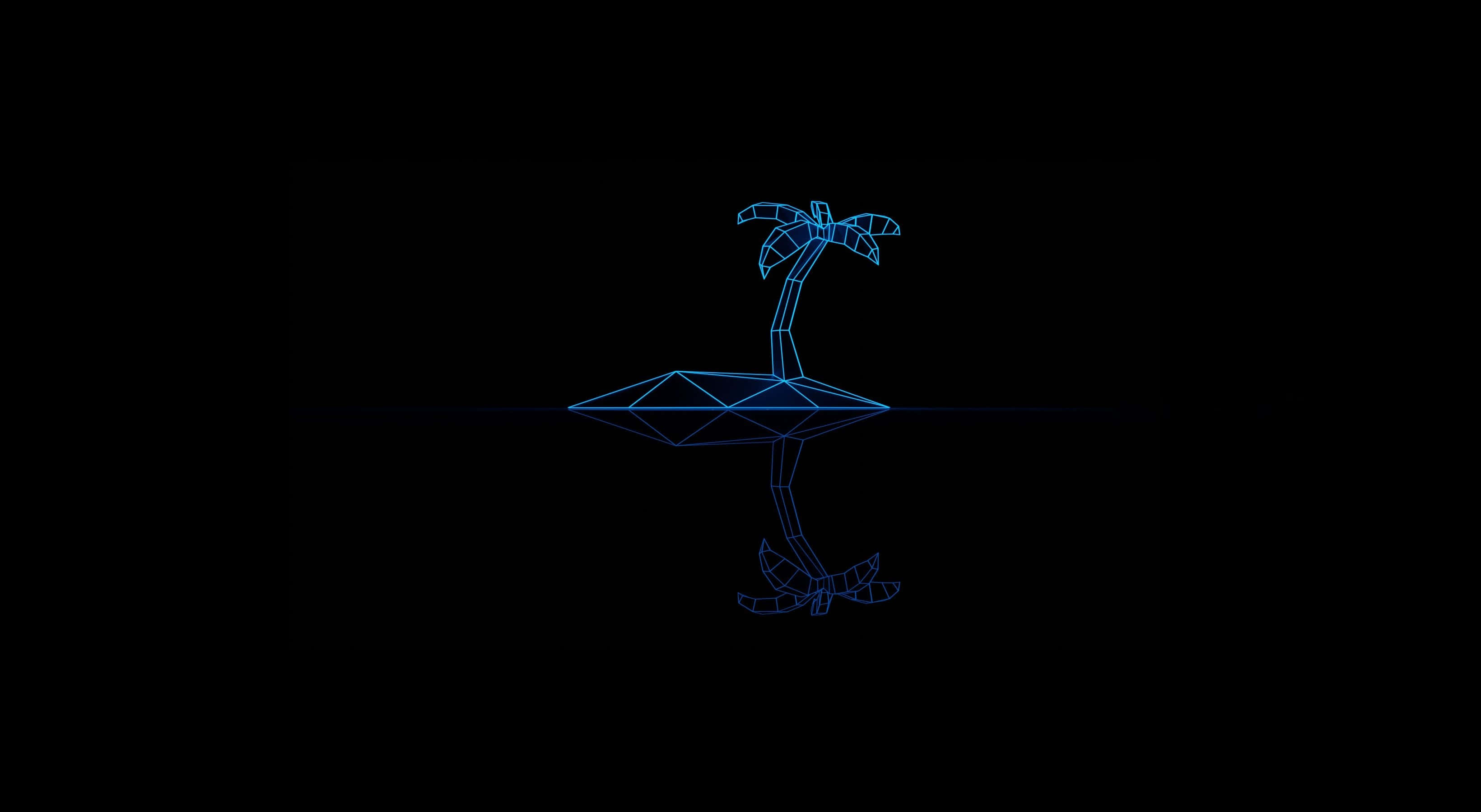 Minimal Art 桌布 壁紙 — 發光的藍色線框棕櫚樹在幾何島嶼上漂浮於黑暗中，帶有完美的鏡面倒影。