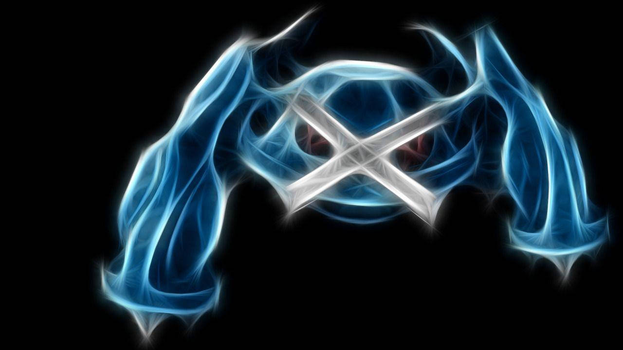 Metagross 桌布 壁紙 — 發光的藍色能量在黑色背景上形成兩把交叉的劍，帶有輻射光效。