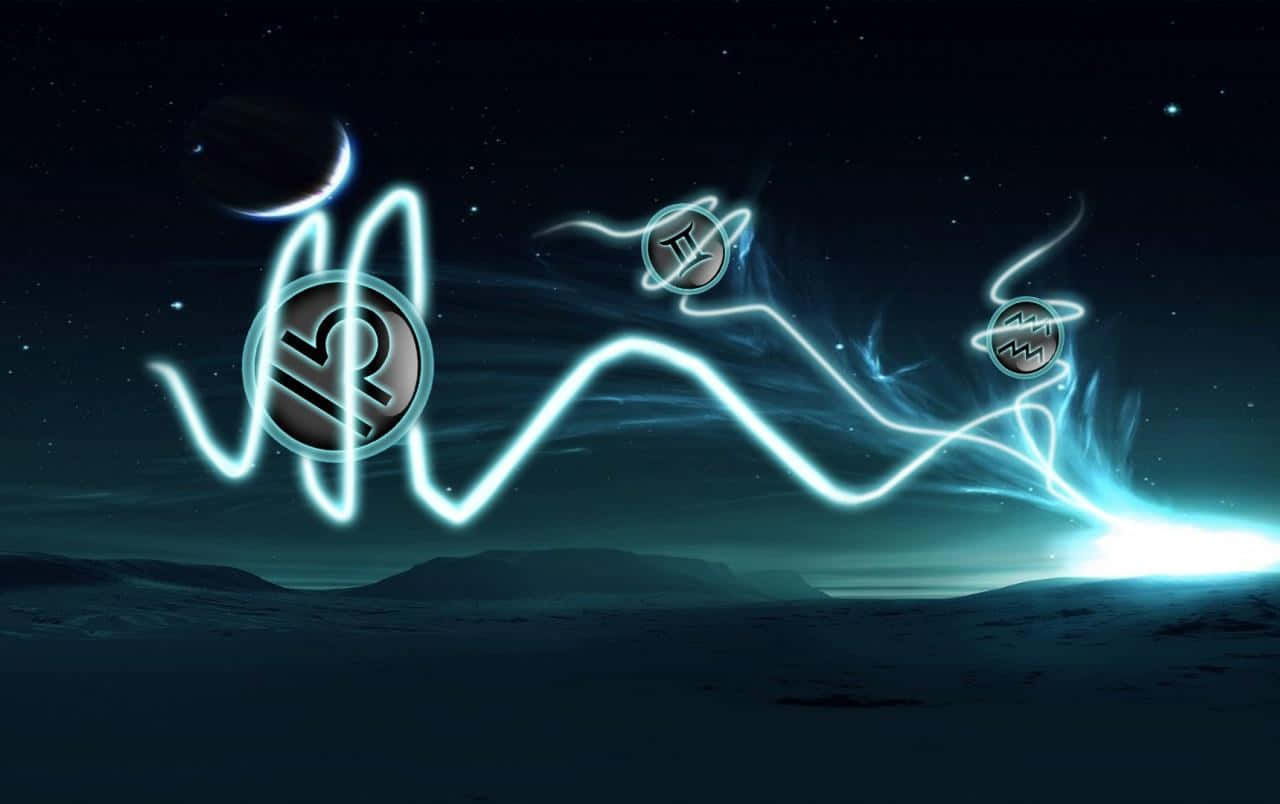 aquarius 桌布 壁紙 — 發光的藍色能量線連接漂浮的星座硬幣符號，橫跨星空夜空，下方是黑暗的外星景觀。
