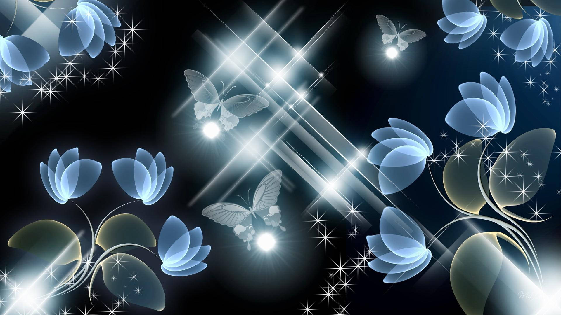 night butterfly 桌布 壁紙 — 發光的藍色花卉和蝴蝶圖案在黑暗背景上漂浮，伴隨著燦爛的星爆和光線條紋。