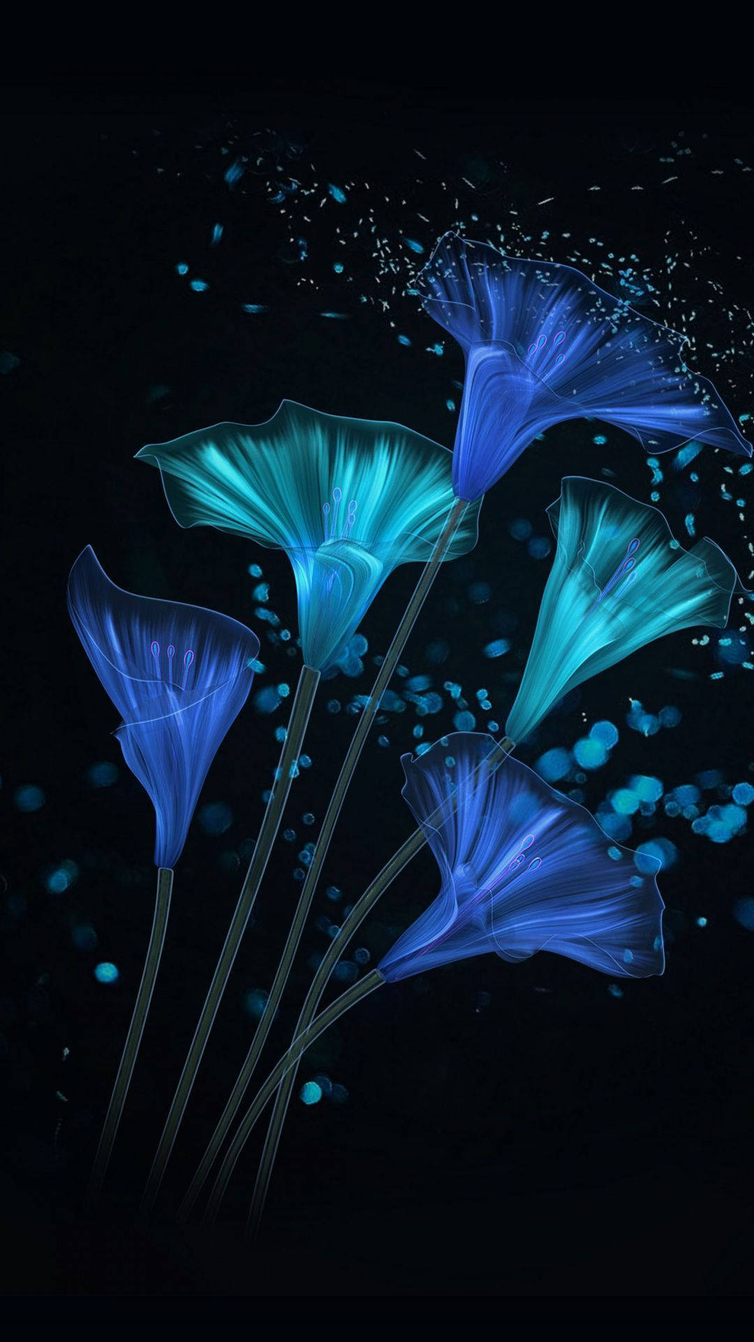 Flowers Aesthetic 桌布 壁紙 — 發光的藍色花朵，帶有半透明花瓣，在灑滿閃爍顆粒的黑暗背景中綻放。