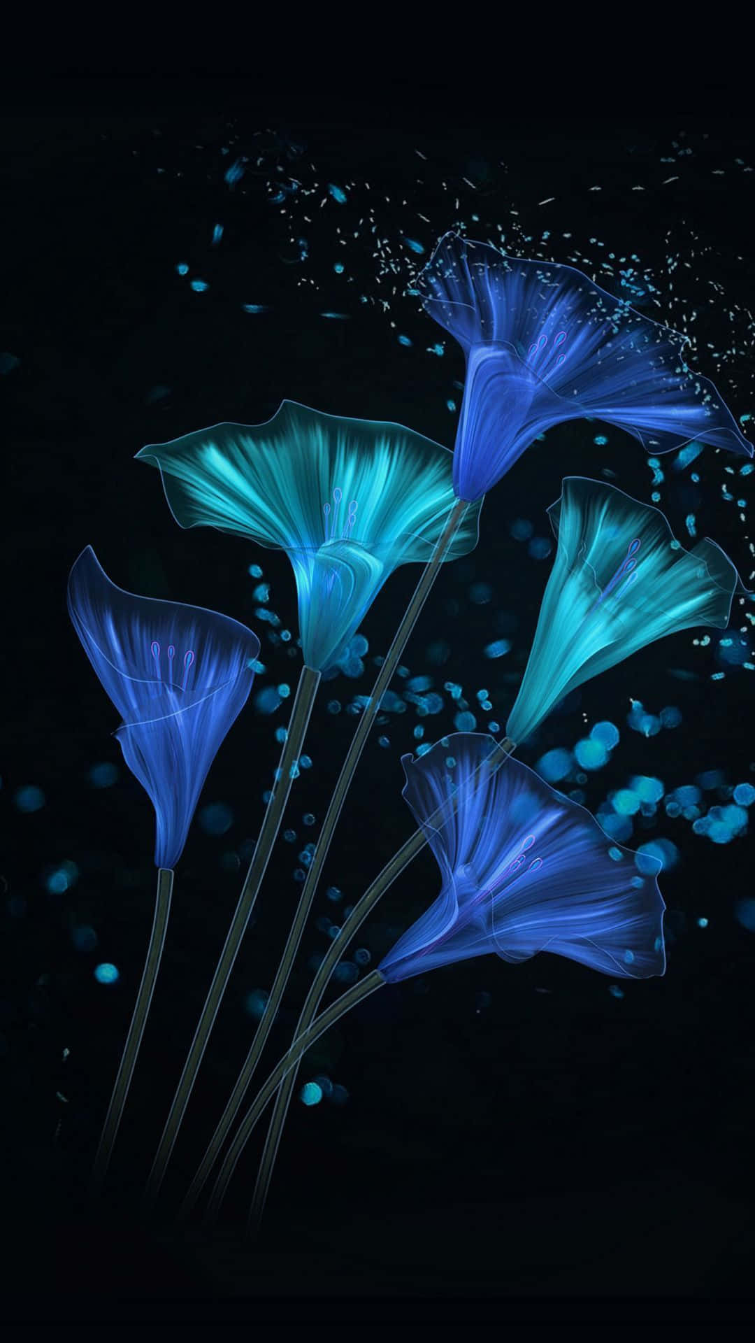 Dark Blue Rose Abstract 桌布 壁紙 — 發光的藍色花朵帶有半透明花瓣，漂浮在灑滿閃爍粒子的黑暗背景上。