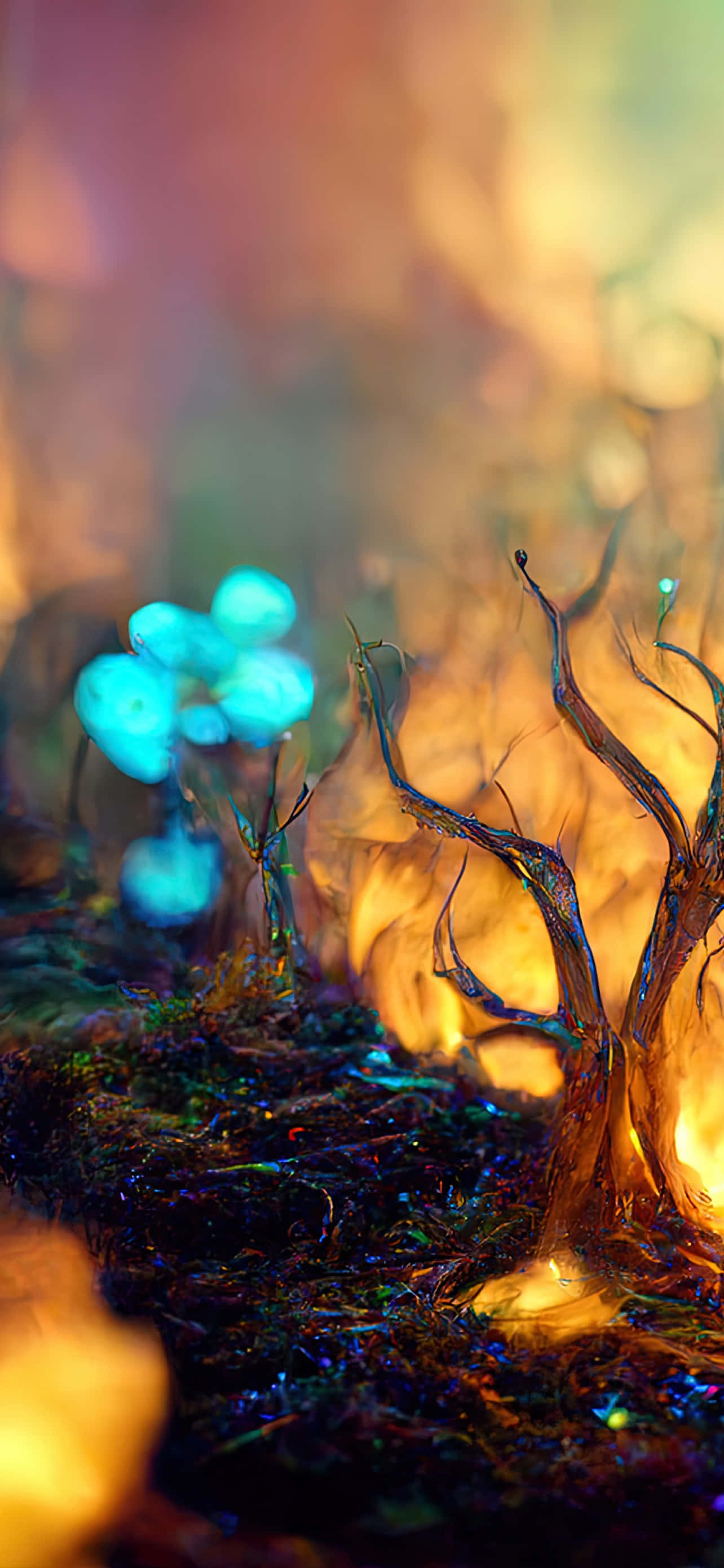 Magical Forest 桌布 壁紙 — 發光的藍色蘑菇和扭曲的樹枝從黑暗的苔蘚中浮現，沐浴在溫暖的金色光芒下。