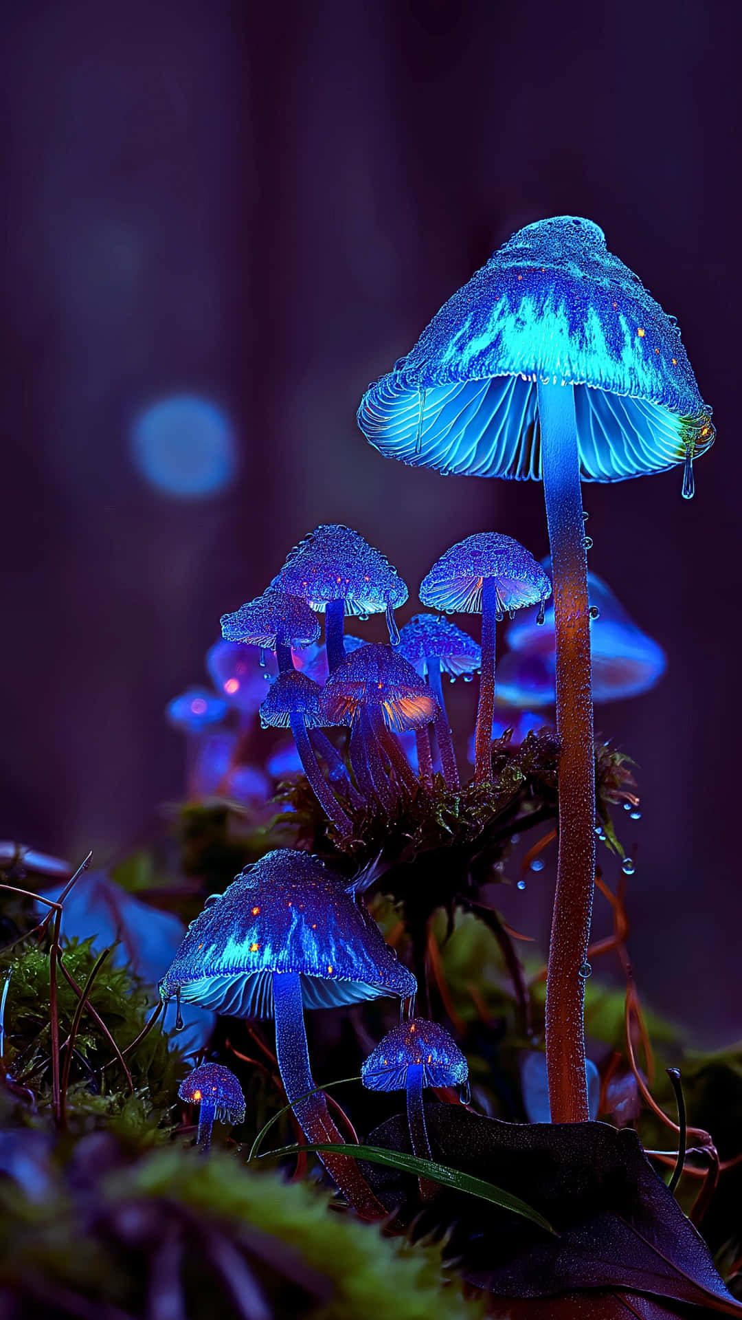 Enchanting glow of bioluminescent mushrooms illuminating a mystical forest night 壁紙 — 發光的藍色蘑菇帶有露珠，照亮了黑暗長滿苔蘚的森林地面，呈現出神奇的生物發光場景。