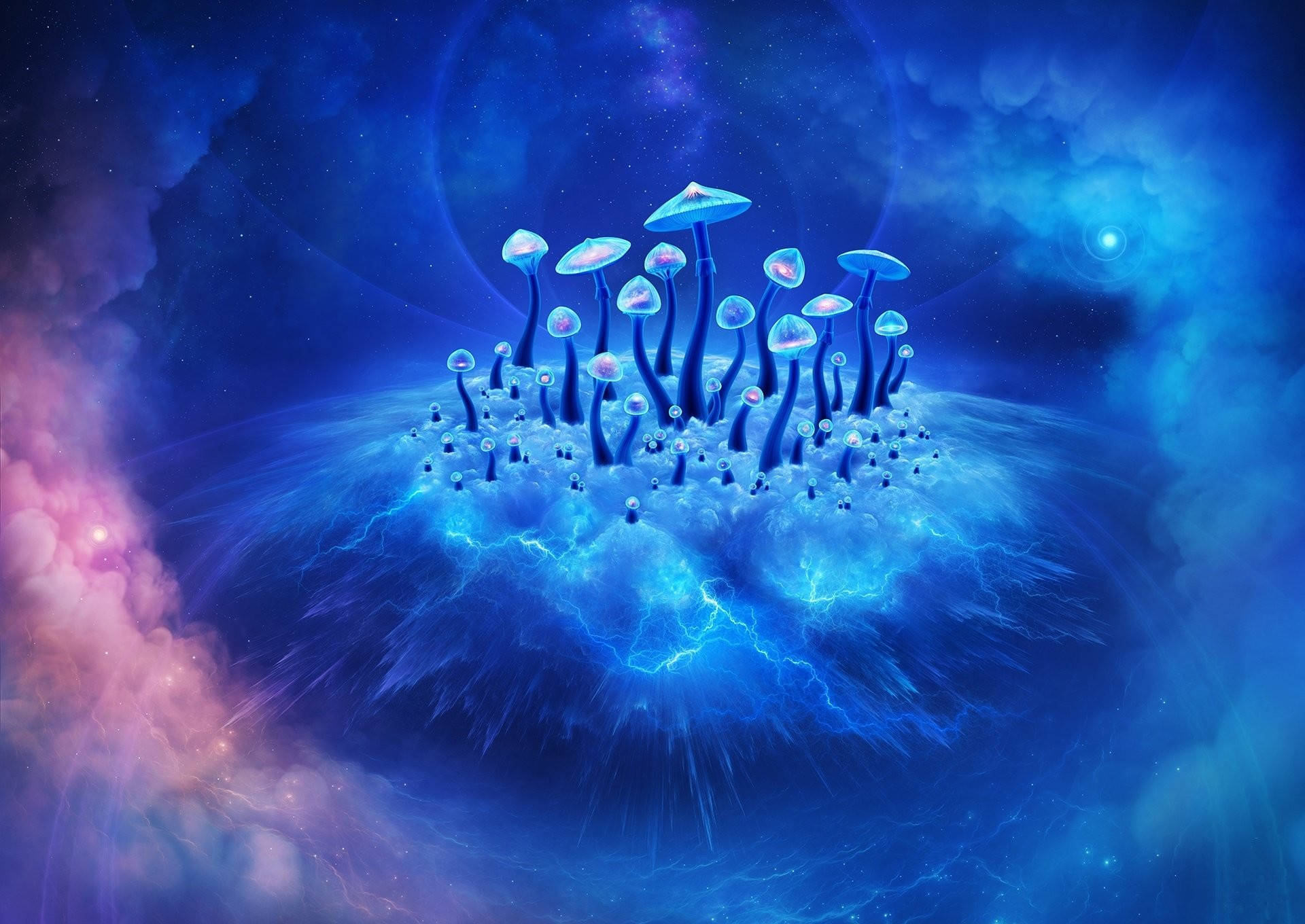 Psychedelic Mushroom 桌布 壁紙 — 發光的藍色蘑菇生長在一個被旋轉星雲和星光包圍的宇宙島嶼上。