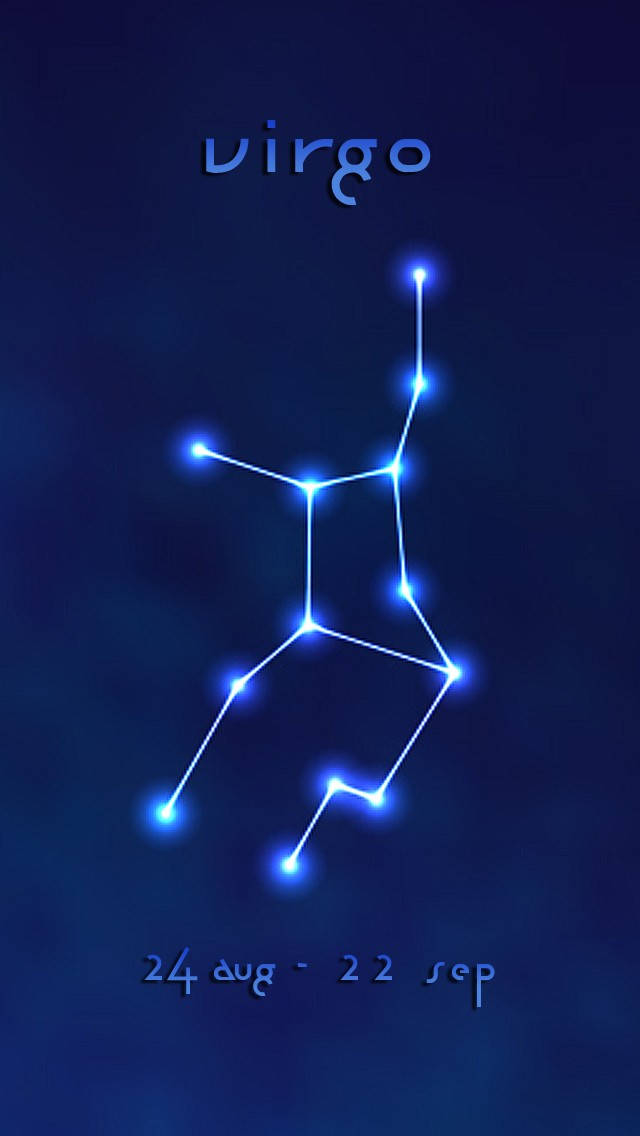 Virgo 桌布 壁紙 — 發光的藍色處女座星座輪廓在深邃的宇宙夜空下閃耀，下方有日期文字。
