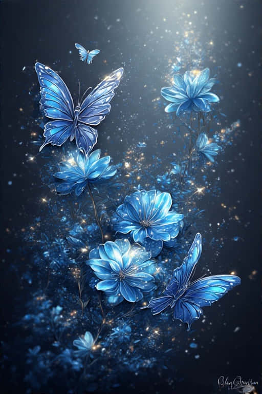 Blue Flowers and Glowing Butterflies Wallpaper 壁紙 — 發光的藍色蝴蝶和花朵漂浮在灑滿金色閃光的黑暗天空中。