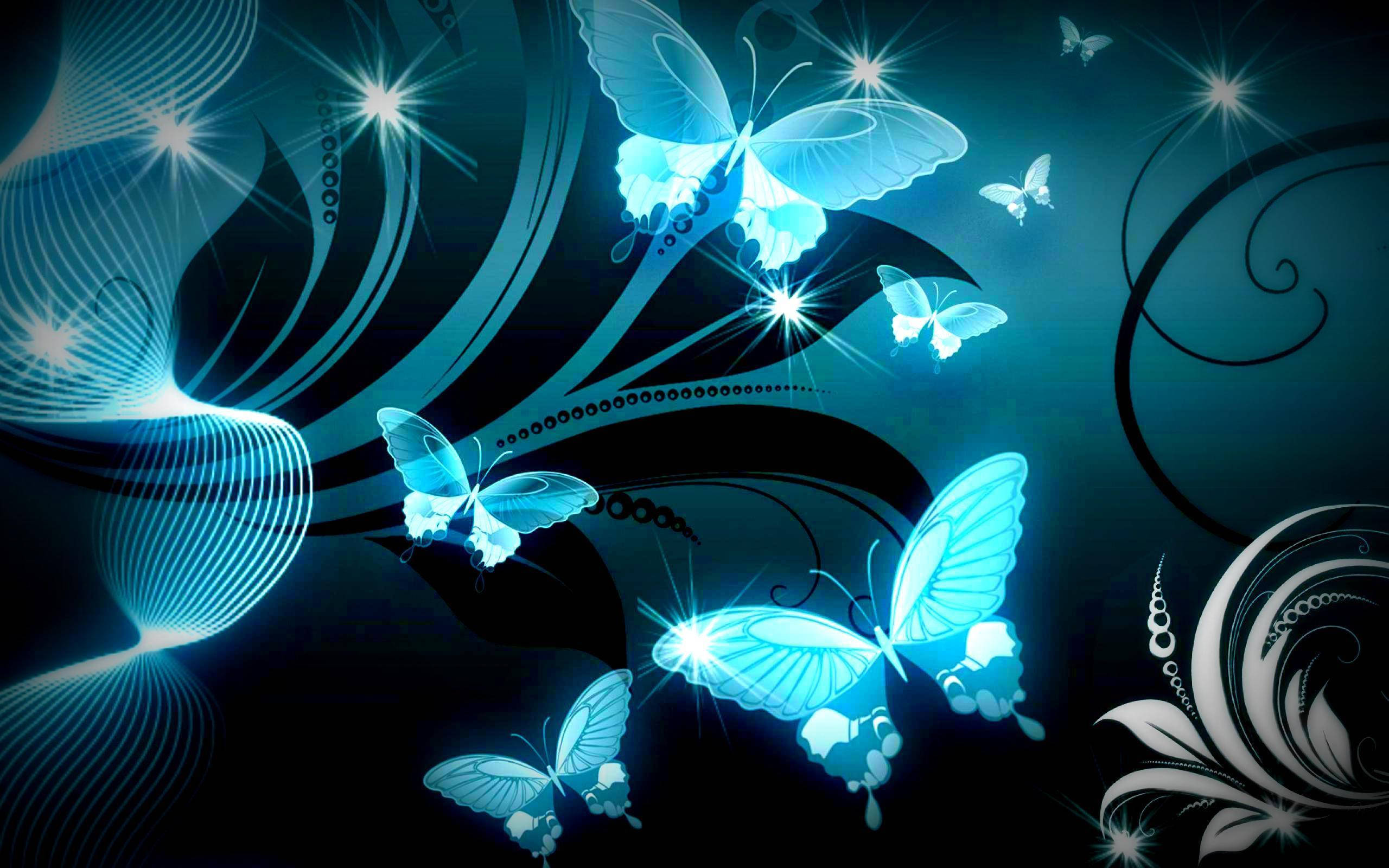 Butterflies 桌布 壁紙 — 發光的藍色蝴蝶在光芒四射的光線條紋和旋轉的深色圖案中翩翩起舞，背景是深藍綠色。
