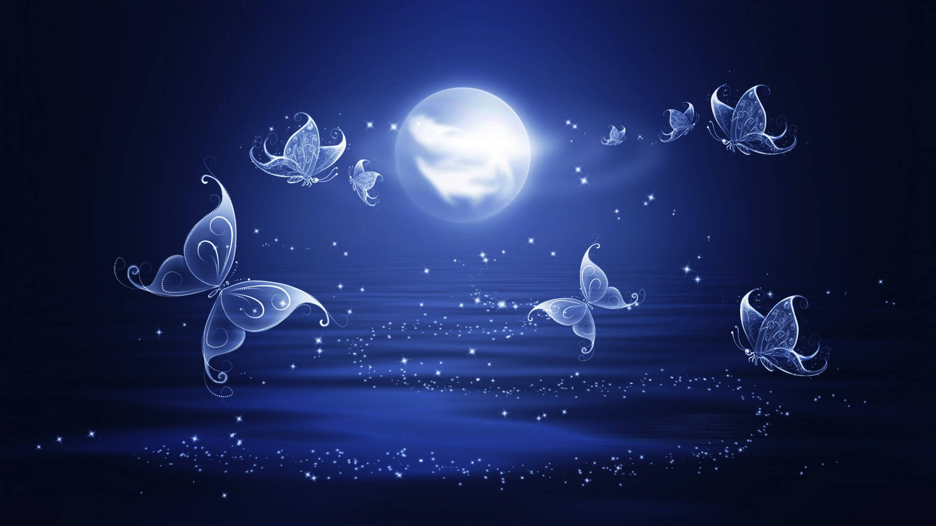 night butterfly 桌布 壁紙 — 發光的藍色蝴蝶在閃爍的星空夜空中，圍繞著明亮的月亮翩翩飛舞。