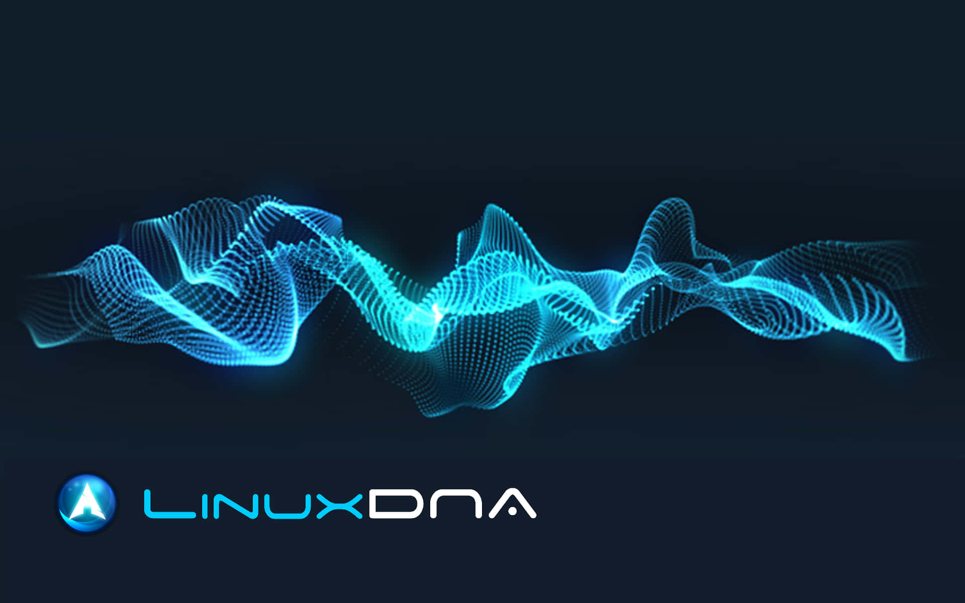 Linux 桌布 壁紙 — 發光的藍色連接點波浪在深色背景上流動，下方有 LinuxDNA 標誌。