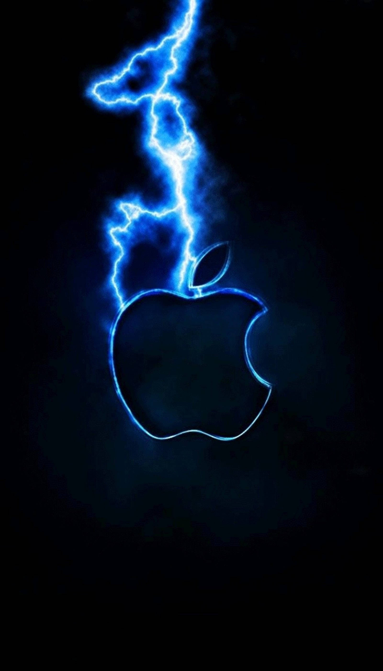 iPod Touch 桌布 壁紙 — 發光的藍色閃電形成Apple標誌，背景為深色。