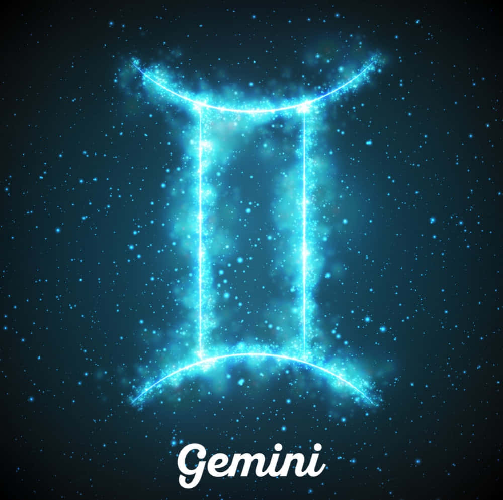 gemini 桌布 壁紙 — 發光的藍色雙子座星座符號在帶有星雲效果的星空宇宙背景中閃耀。