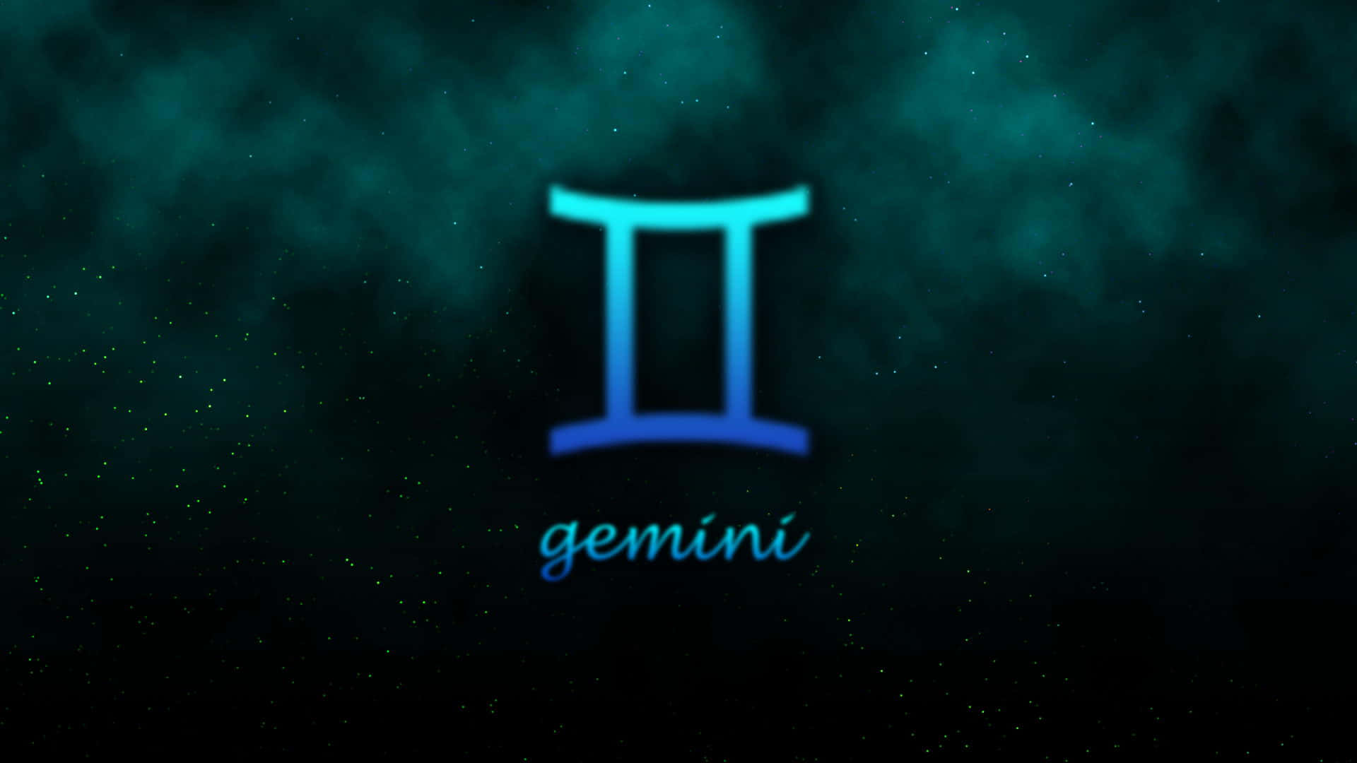 gemini 桌布 壁紙 — 發光的藍色雙子座星座符號在深藍綠色星空宇宙背景中閃耀。