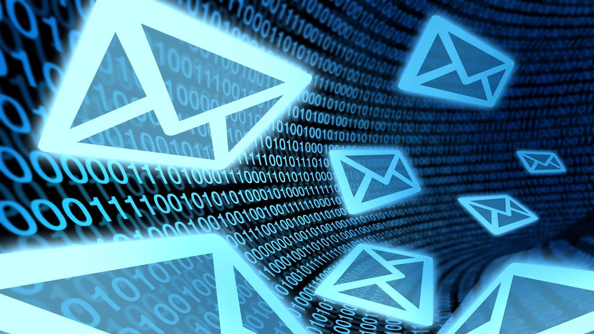 Email 桌布 壁紙 — 發光的藍色電子郵件圖示在數位空間中動態漂浮，背景是層疊的二進位代碼。