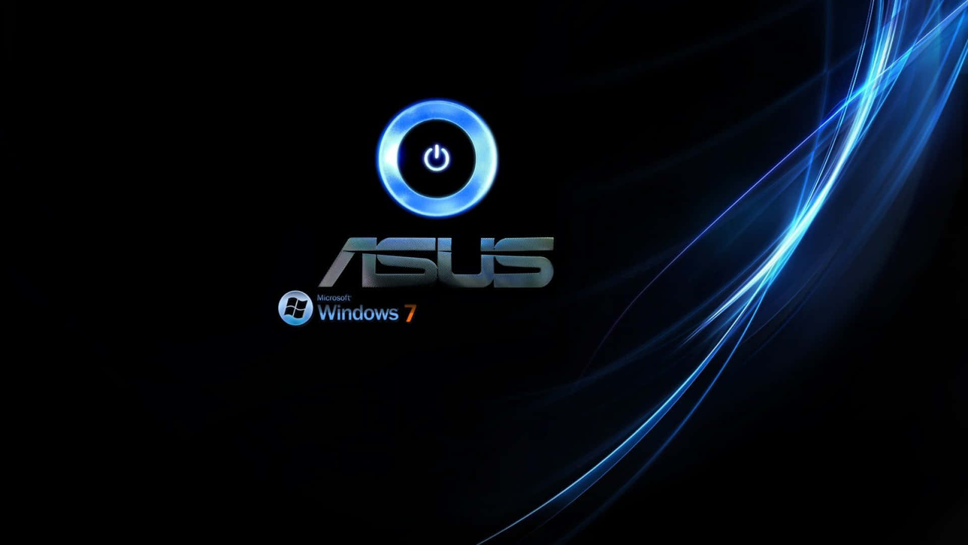 ASUS 桌布 壁紙 — 發光的藍色電源按鈕圖示和 ASUS Windows 7 標誌漂浮在帶有動態藍色光線的黑色背景上。