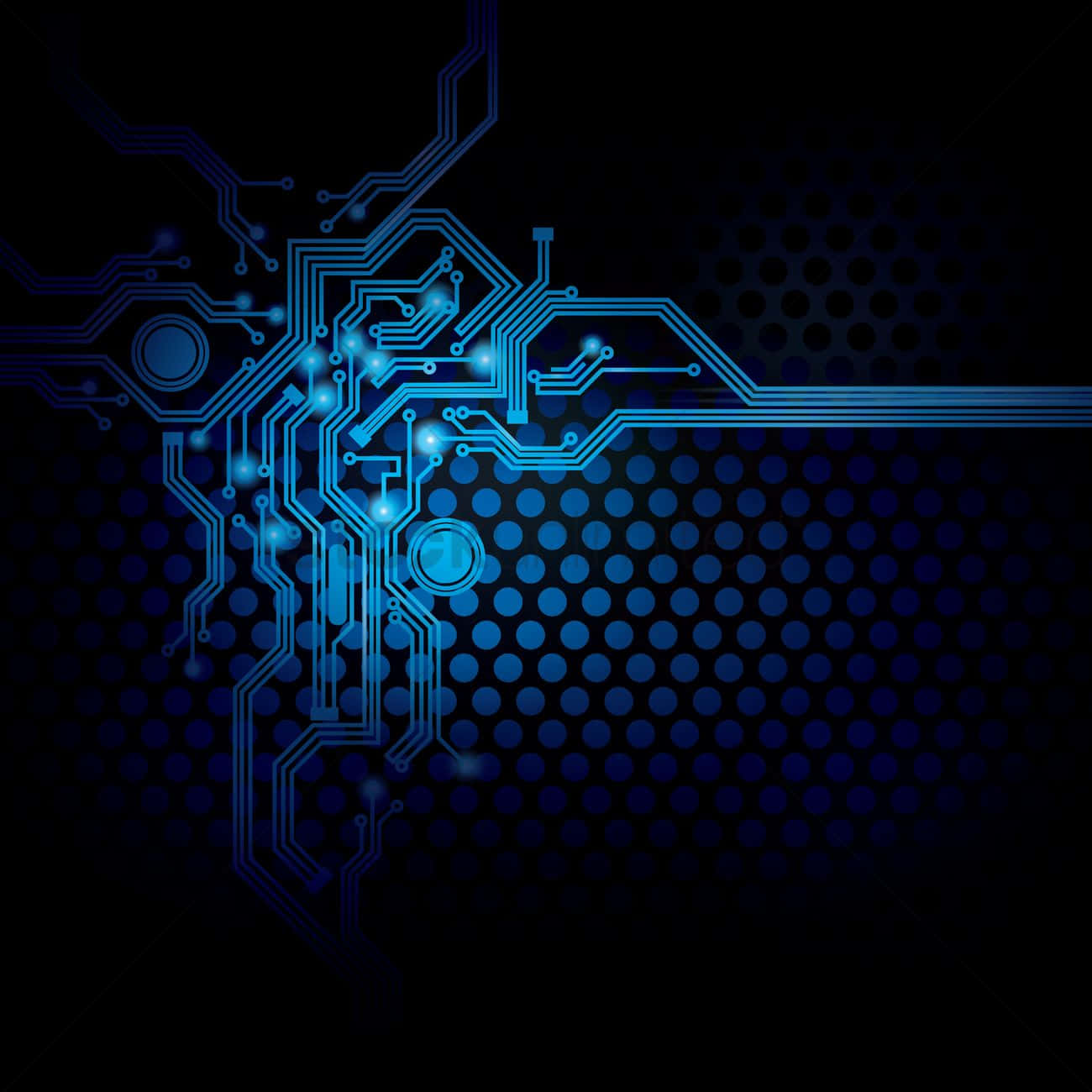 Circuit 桌布 壁紙 — 發光的藍色電路板圖案從中央節點輻射出來，背景為深藍色點狀。