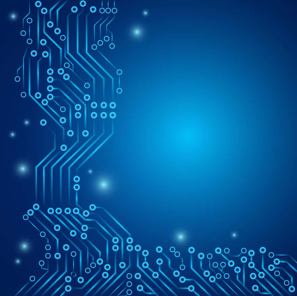 Circuit 桌布 壁紙 — 發光的藍色電路板圖案框住一個帶有浮動光粒子的漸變數位背景。