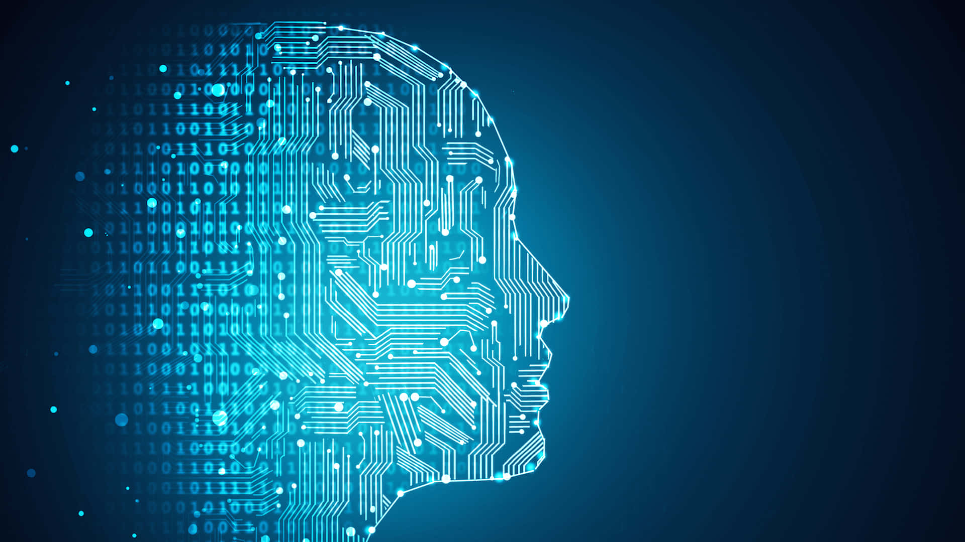AI 桌布 壁紙 — 發光的藍色電路板在深藍色數位背景上形成人頭剪影，周圍漂浮著二進位代碼。