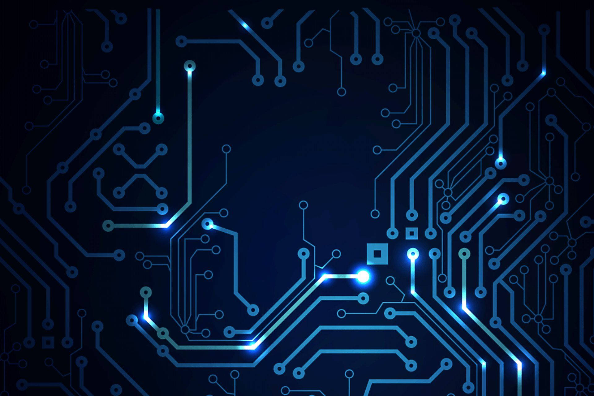 Electronics 桌布 壁紙 — 發光的藍色電路板路徑以明亮的霓虹燈照亮黑暗背景。