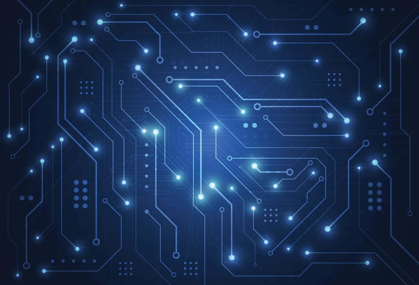 Motherboard 桌布 壁紙 — 發光的藍色電路板路徑在黑暗的數位背景下脈動著光芒。