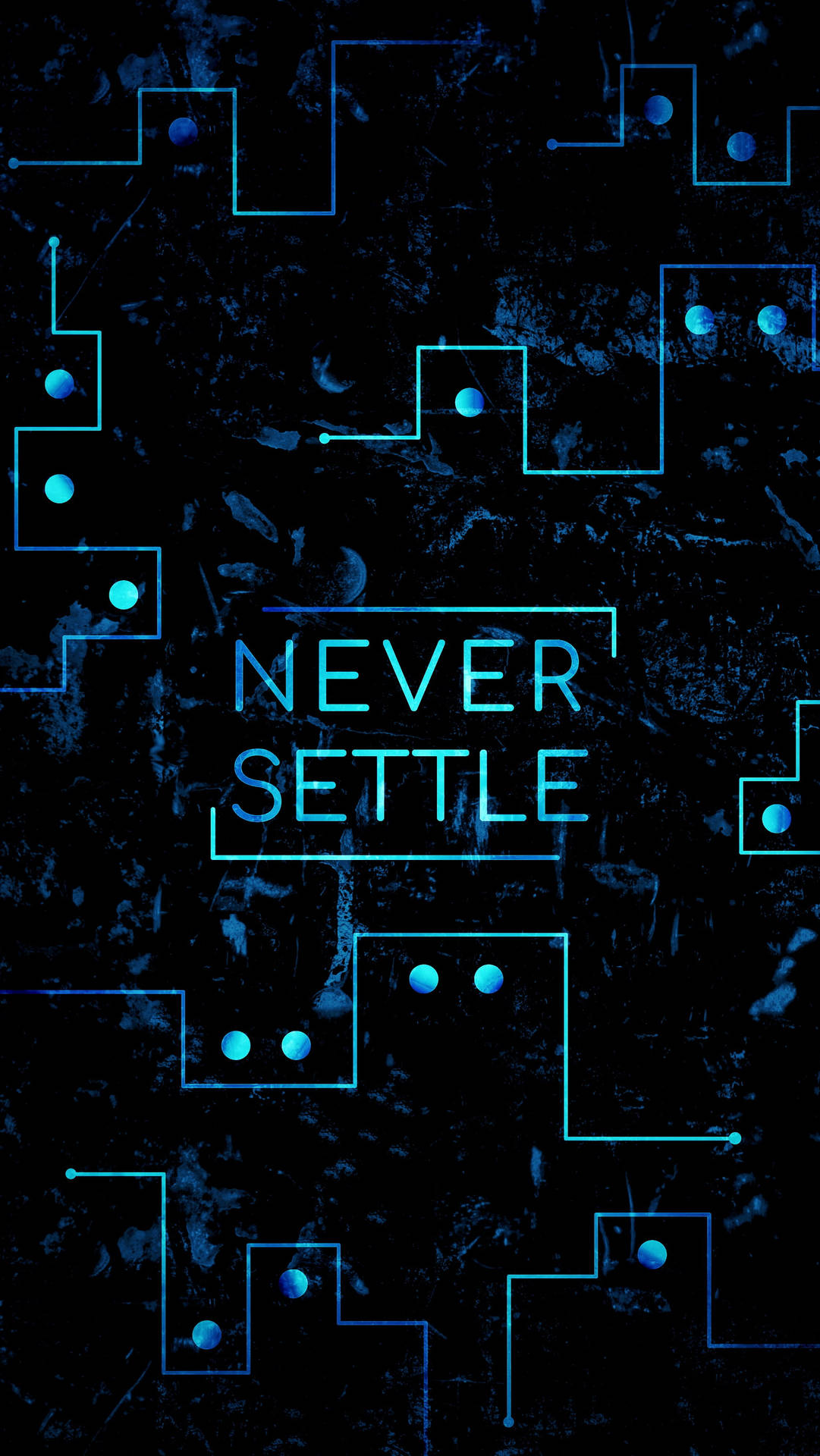 深色背景上帶有文字 never settle 的發光藍色電路圖案。
