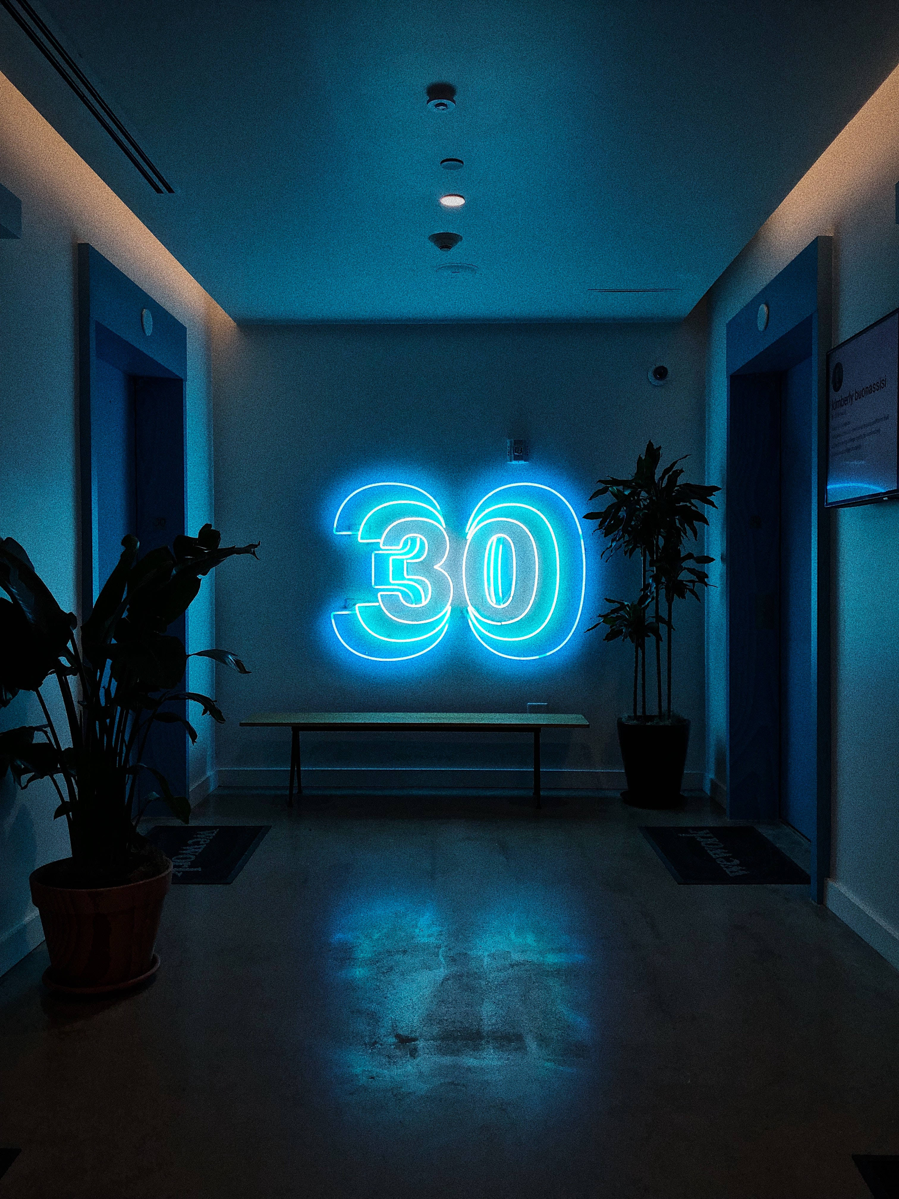 neon sign 桌布 壁紙 — 發光的藍色霓虹數字30照亮了一條極簡主義的走廊，兩旁擺放著盆栽植物和門。