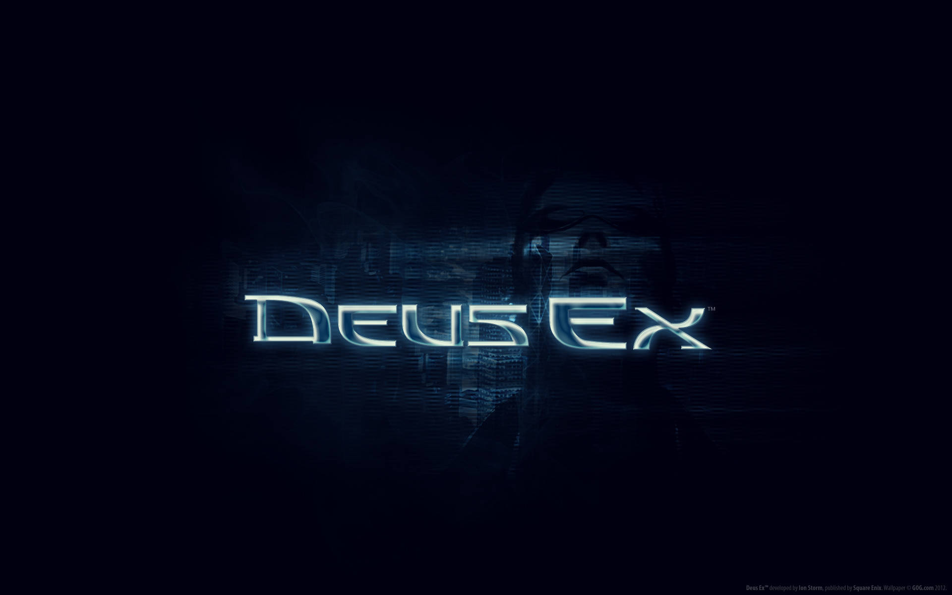 駭客入侵 桌布 壁紙 — 發光的藍色霓虹文字「DEUS EX」在黑暗的數位背景上脈動，帶有模糊的人類輪廓。