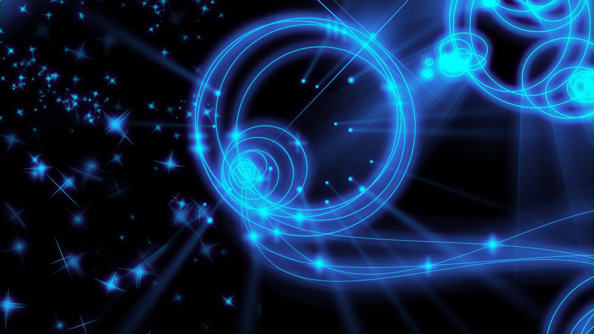 Animated 桌布 壁紙 — 發光的藍色霓虹漩渦和星星在黑暗的宇宙虛空中舞動，形成充滿活力的數位抽象場景。