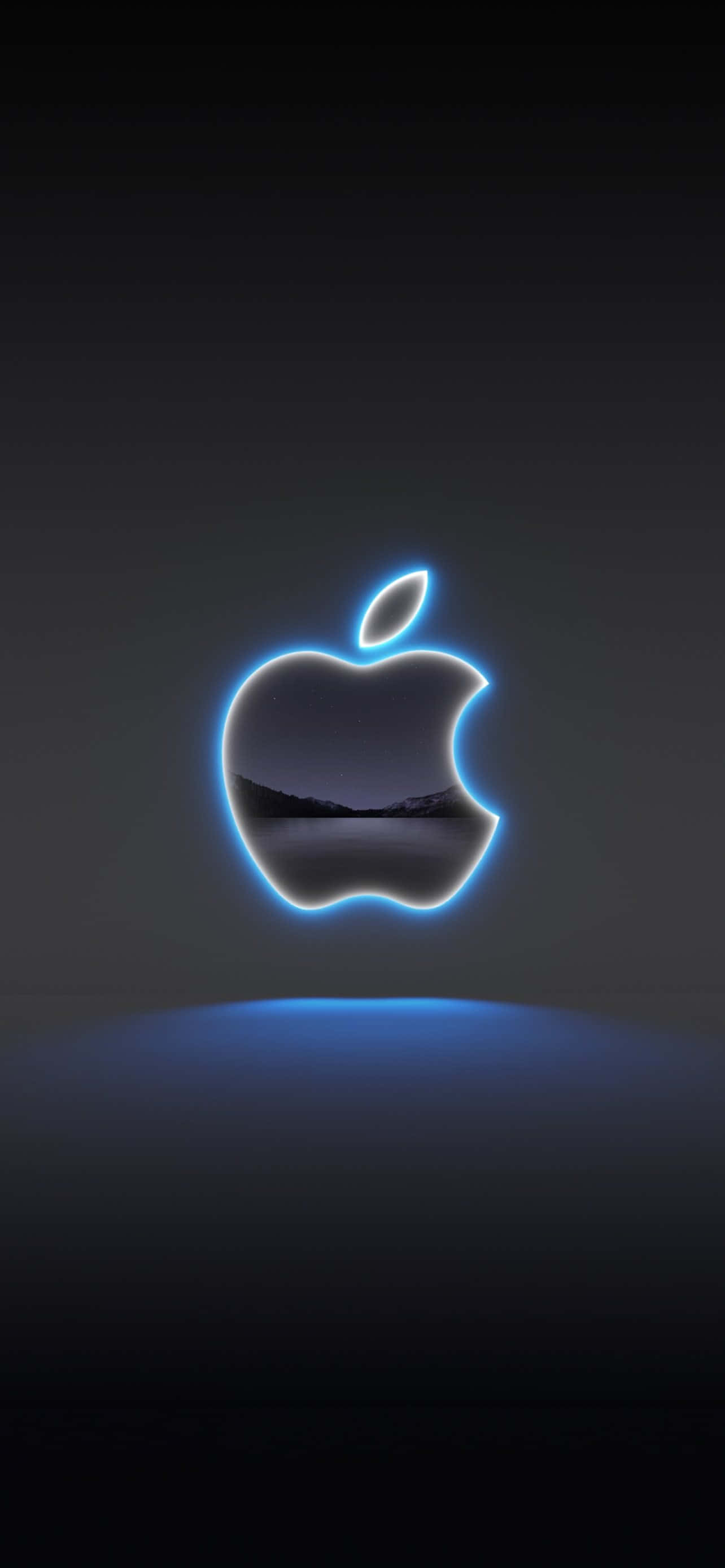 Pixel 3 Apple 桌布 壁紙 — 發光的藍色霓虹燈Apple標誌輪廓內包含一個寧靜的山湖場景，背景為深色漸變。