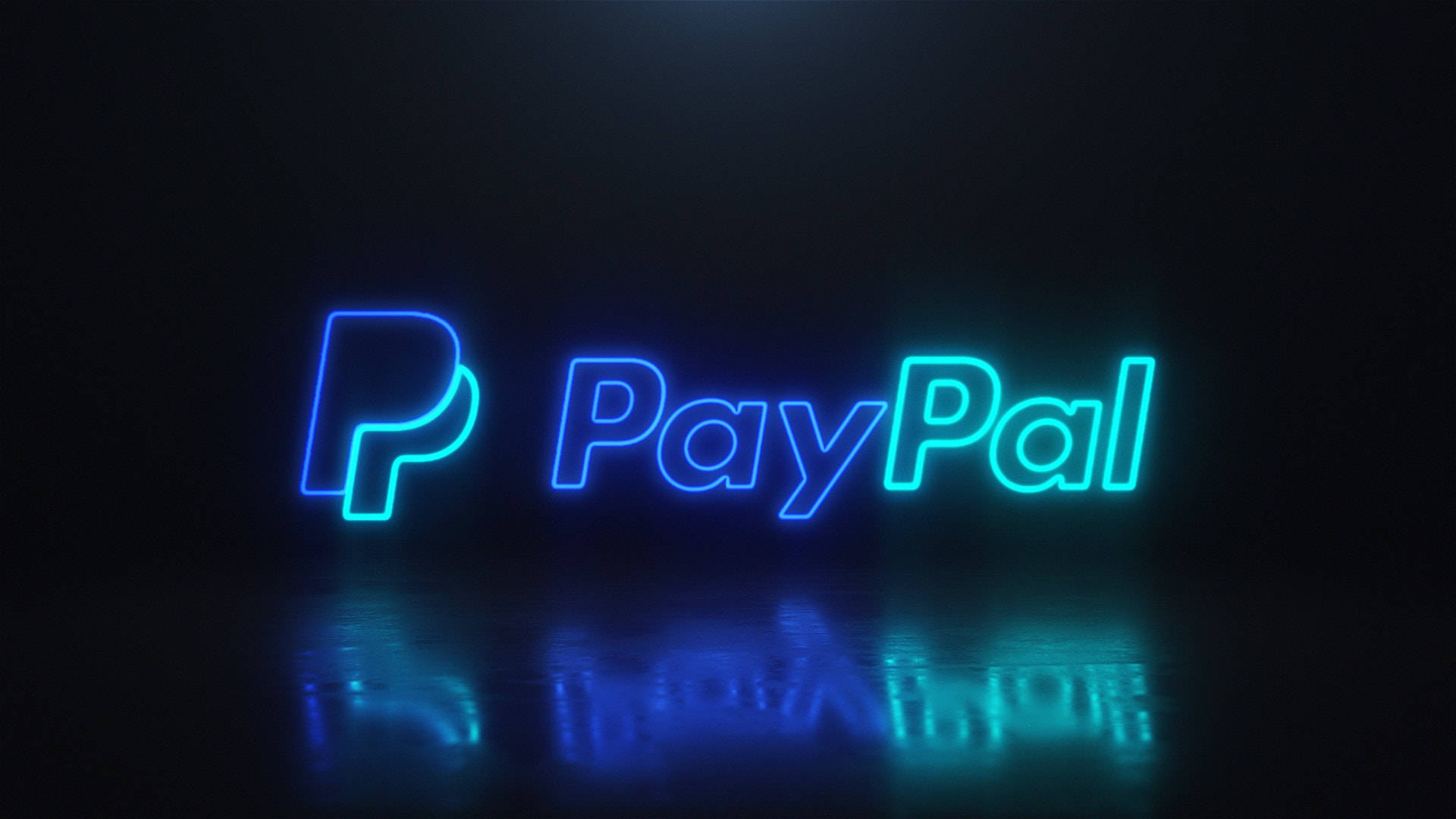 PayPal 桌布 壁紙 — 發光的藍色霓虹燈PayPal標誌在極簡工作室環境中的黑暗潮濕地板上投射出鮮豔的倒影。