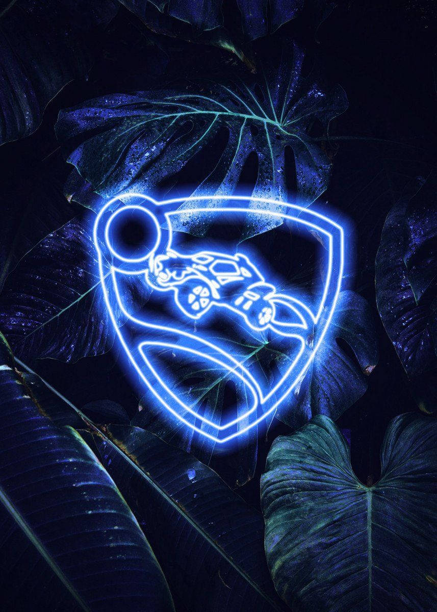Rocket League iPhone 桌布 壁紙 — 發光的藍色霓虹燈藍寶堅尼標誌在夜空下映襯著深色熱帶葉片閃耀。