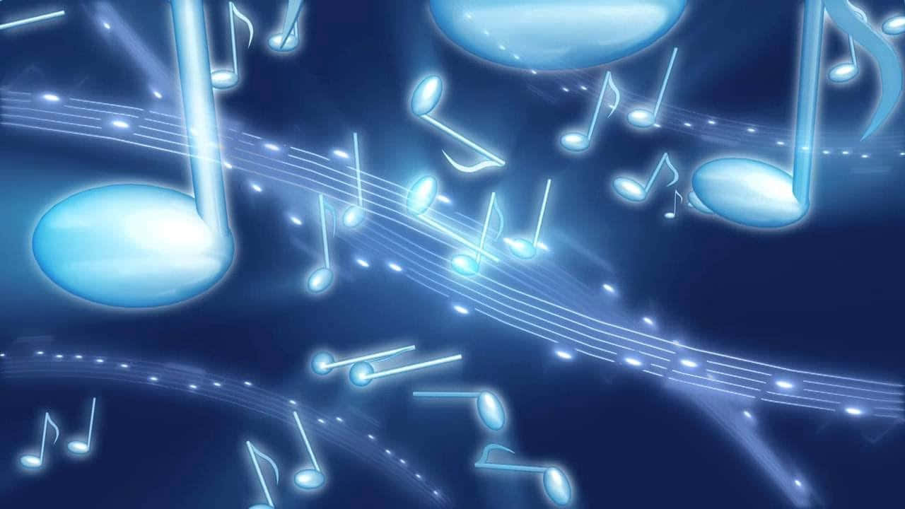 Music Video 桌布 壁紙 — 發光的藍色音符和五線譜在深藍色背景上動態漂浮，帶有光線條紋。
